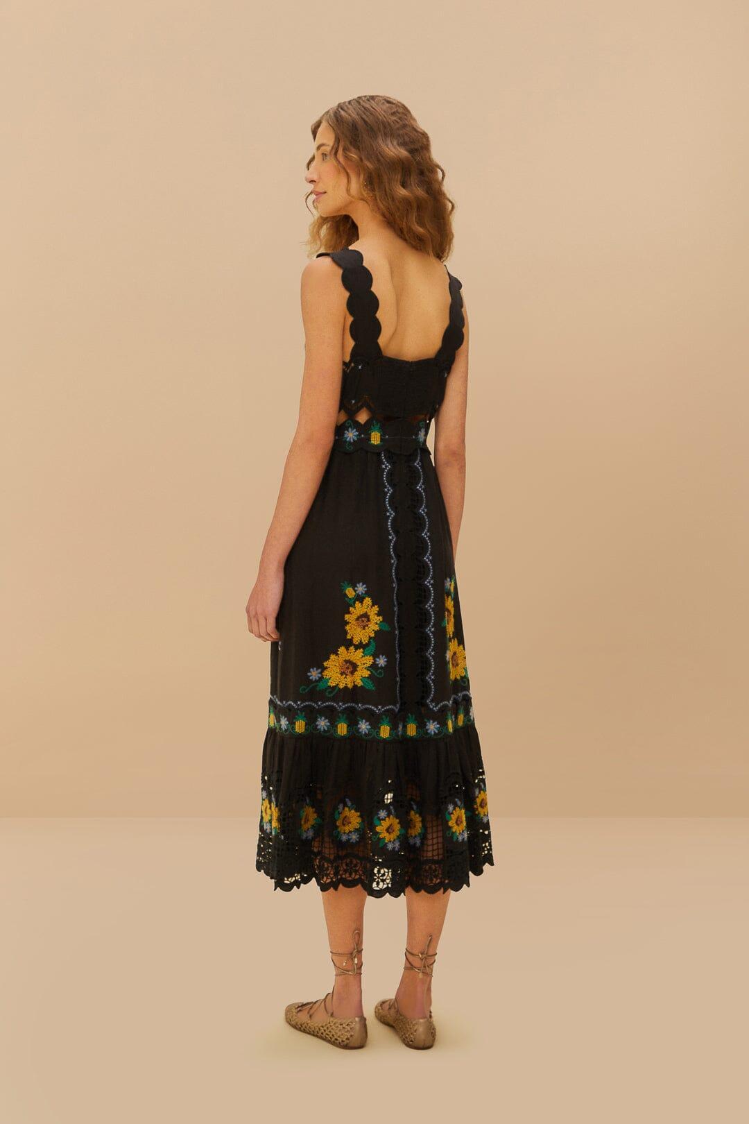 Black Cross Stitch Sunflower Richelieu LENZING™ ECOVERO™ Euroflax™ Midi Dress Product Image