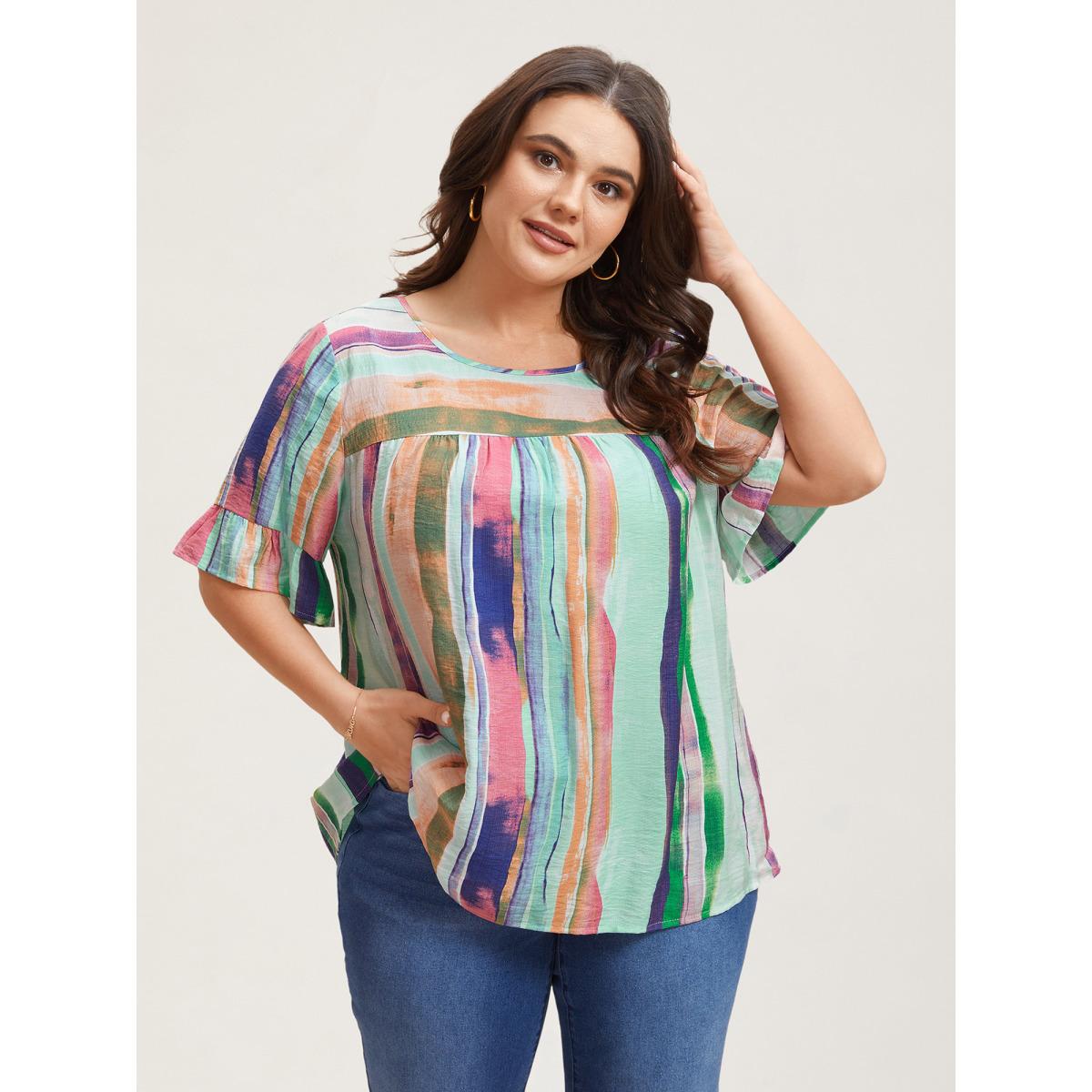Plus Size Multicolor Multi-Color Striped Curved Hem Shirt Women Casual Half Sleeve Round Neck Everyday Blouses BloomChic 28/5X Product Image