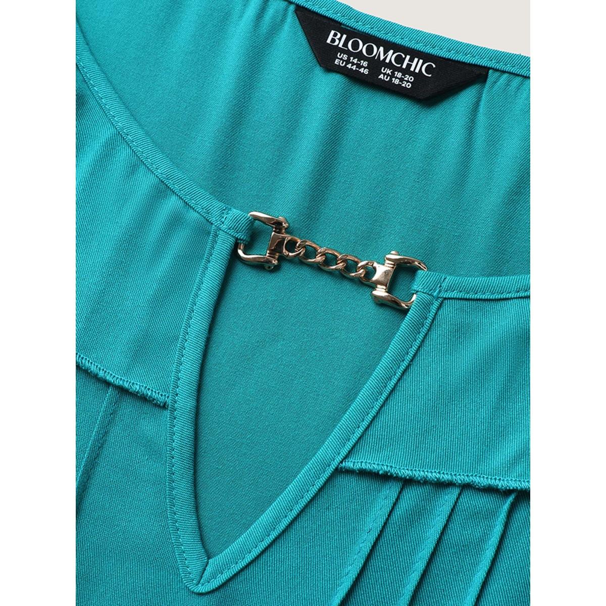Plus Size Teal Ruffled Neck Metal Cut-Out Blouse Women Cap Sleeve Notched collar Everyday-Elegant Blouses BloomChic 10/M Product Image