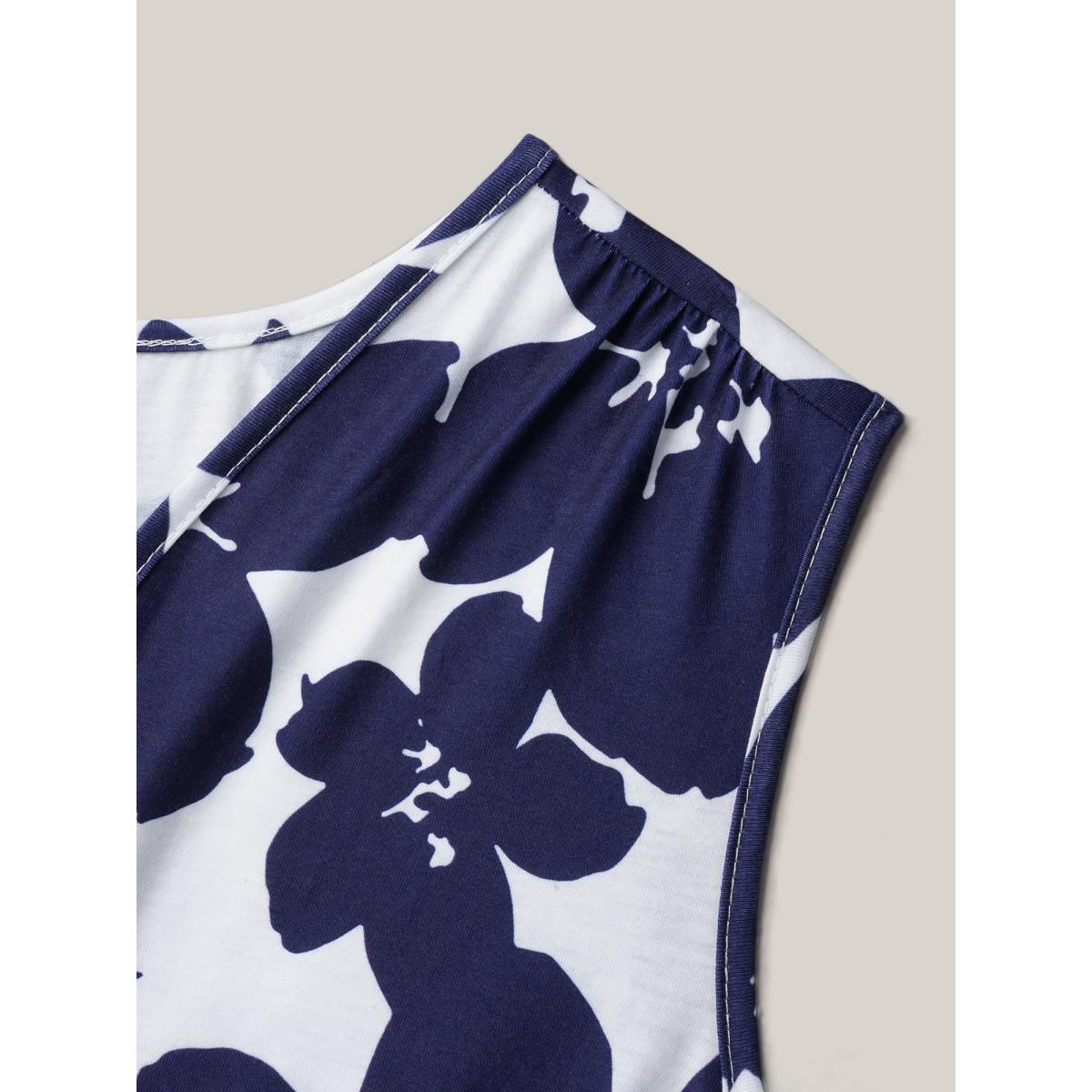 Plus Size Floral Print Surplice Neck Midi Dress Navy Women Casual Gathered Knit Dresses Bloomchic 18-20/2X Product Image