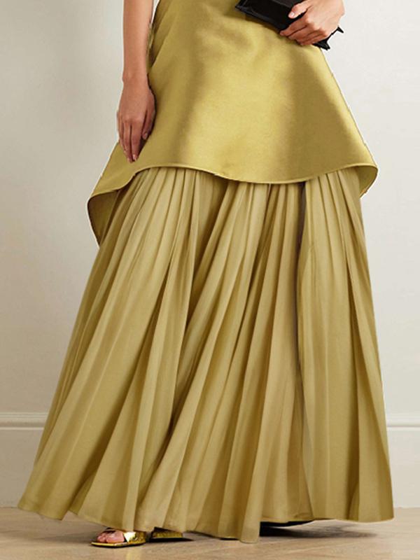 A-Line Loose Pleated Solid Color Split-Joint Tiered Round-Neck Evening Dresses Maxi Dresses Product Image