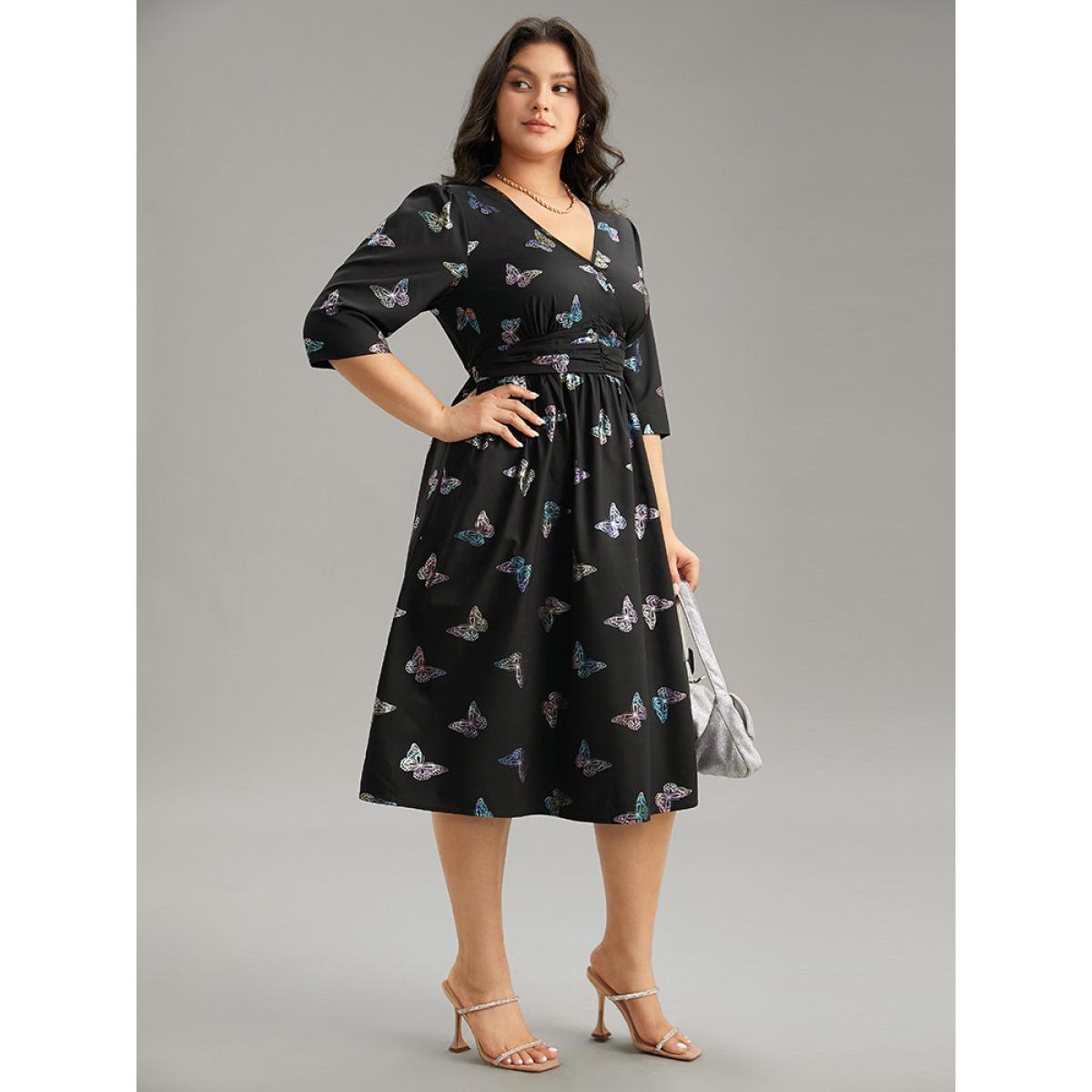 Plus Size Butterfly Glitter V Neck Ruched Dress Black Women Party Wrap Overlap Collar Half Sleeve Curvy Midi Dress BloomChic 26/4X Product Image
