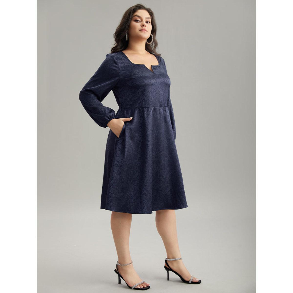 Plus Size Plain Textured Notched Lantern Sleeve Dress Indigo Women Glamour Elastic cuffs Notched collar Long Sleeve Curvy Knee Dress BloomChic 14-16/1X Product Image