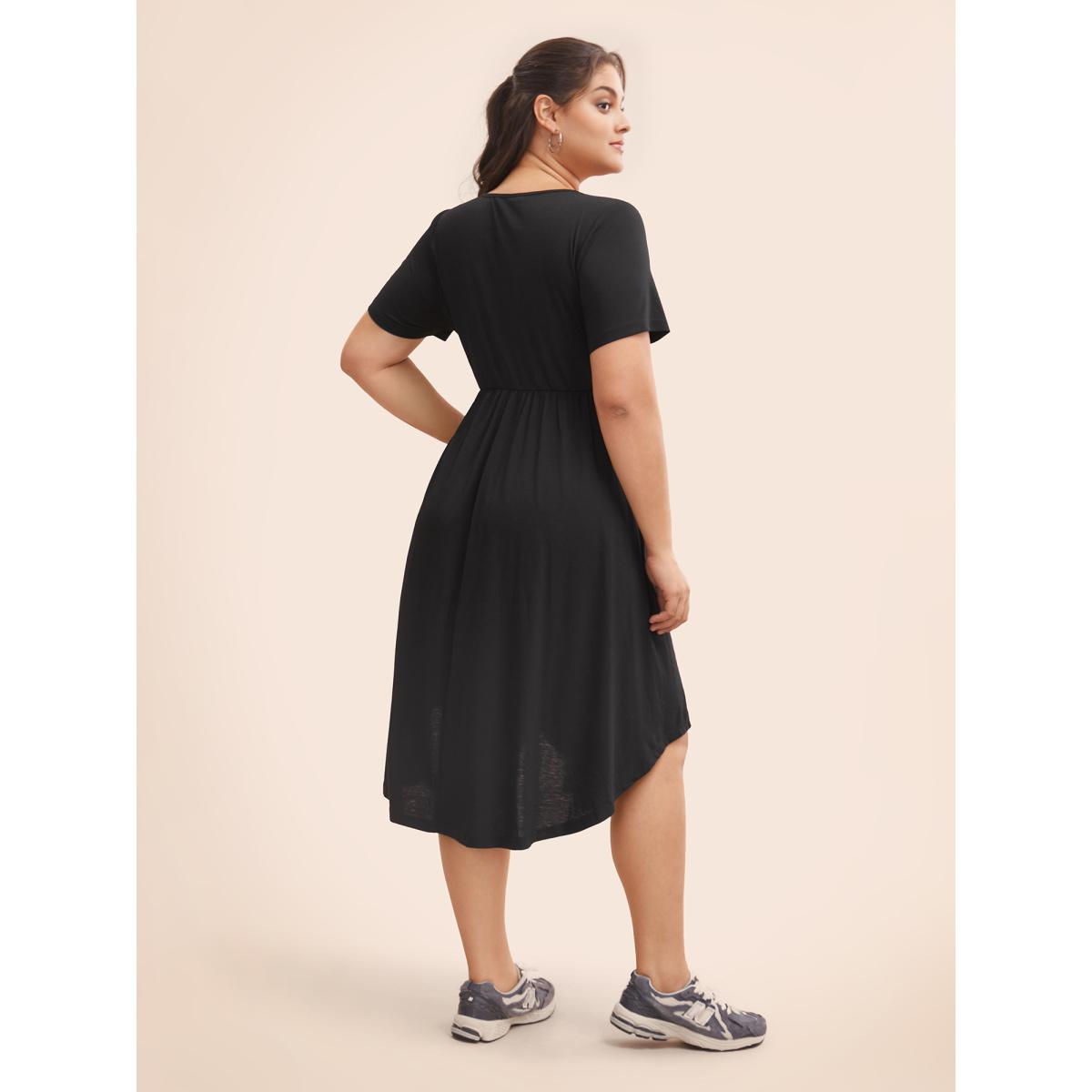 Plus Size Solid Drawstring Ruched Curved Hem Dress Black Women Elegant Gathered V-neck Short sleeve Curvy BloomChic 12/L Product Image