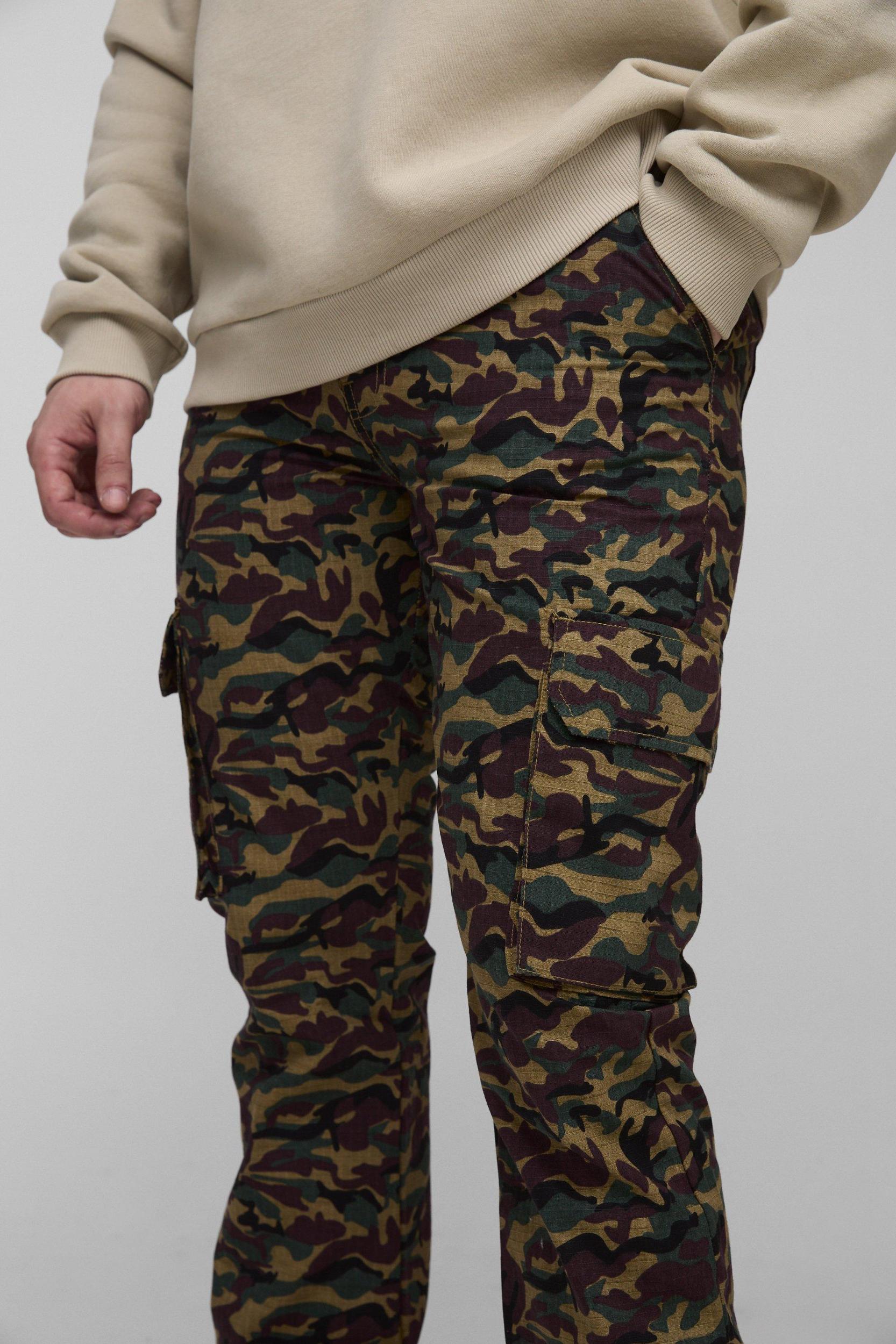 Tall Washed Ripstop Stacked Zip Hem Camo Cargo Pants | boohooMAN USA Product Image