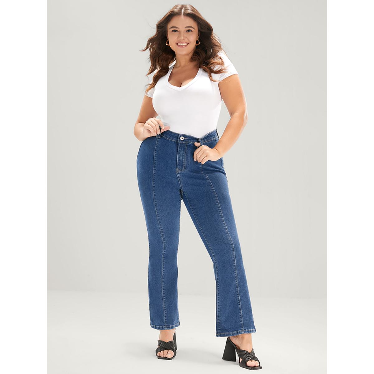 Plus Size Flare Leg Very Stretchy Mid Rise Medium Wash Jeans Women Blue Elegant Plain Patchwork High stretch Pocket Jeans BloomChic 28/5X Product Image