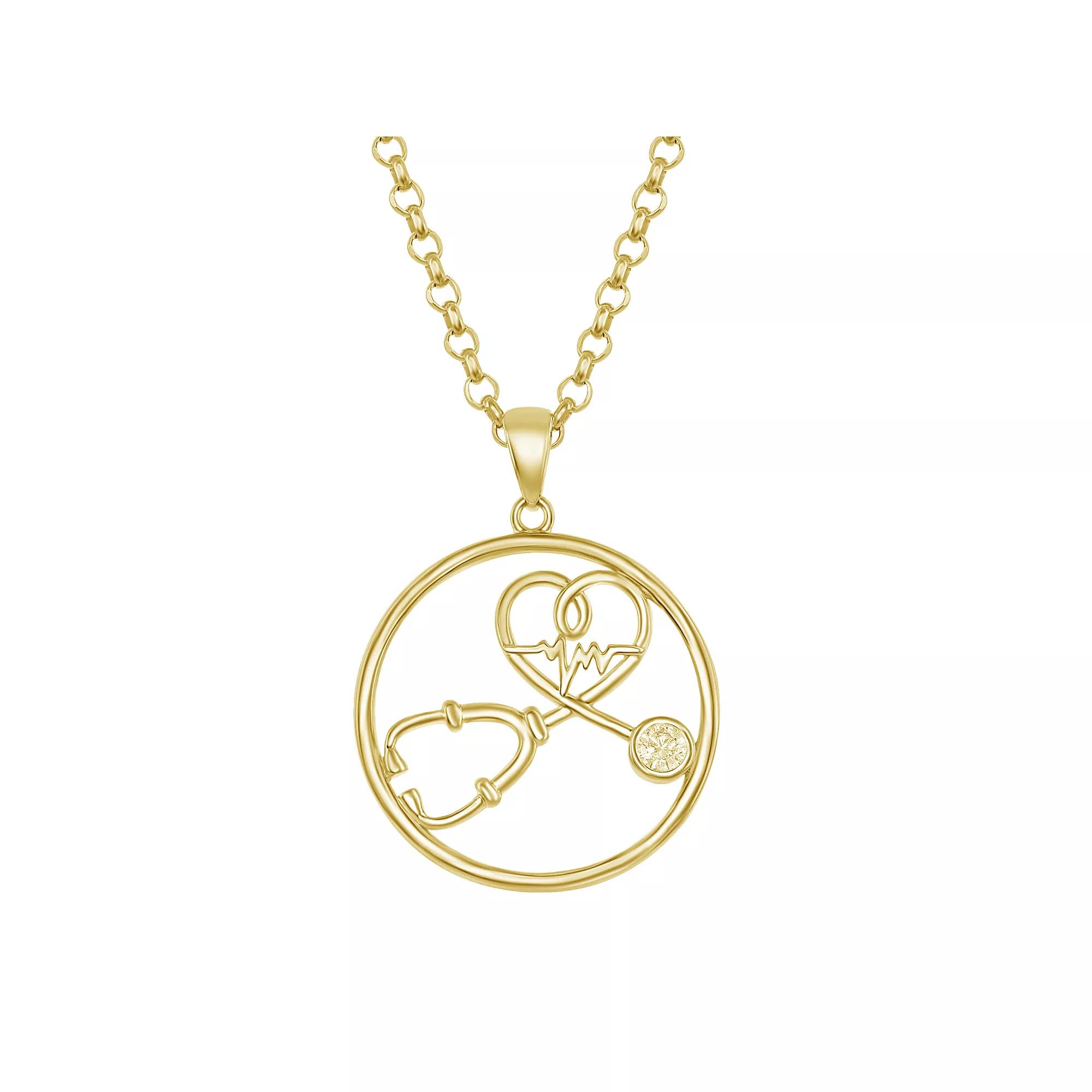 Sterling Silver Cubic Zirconia Stethoscope & Heartbeat Necklace, Women's, Size: 18", Gold Tone Product Image
