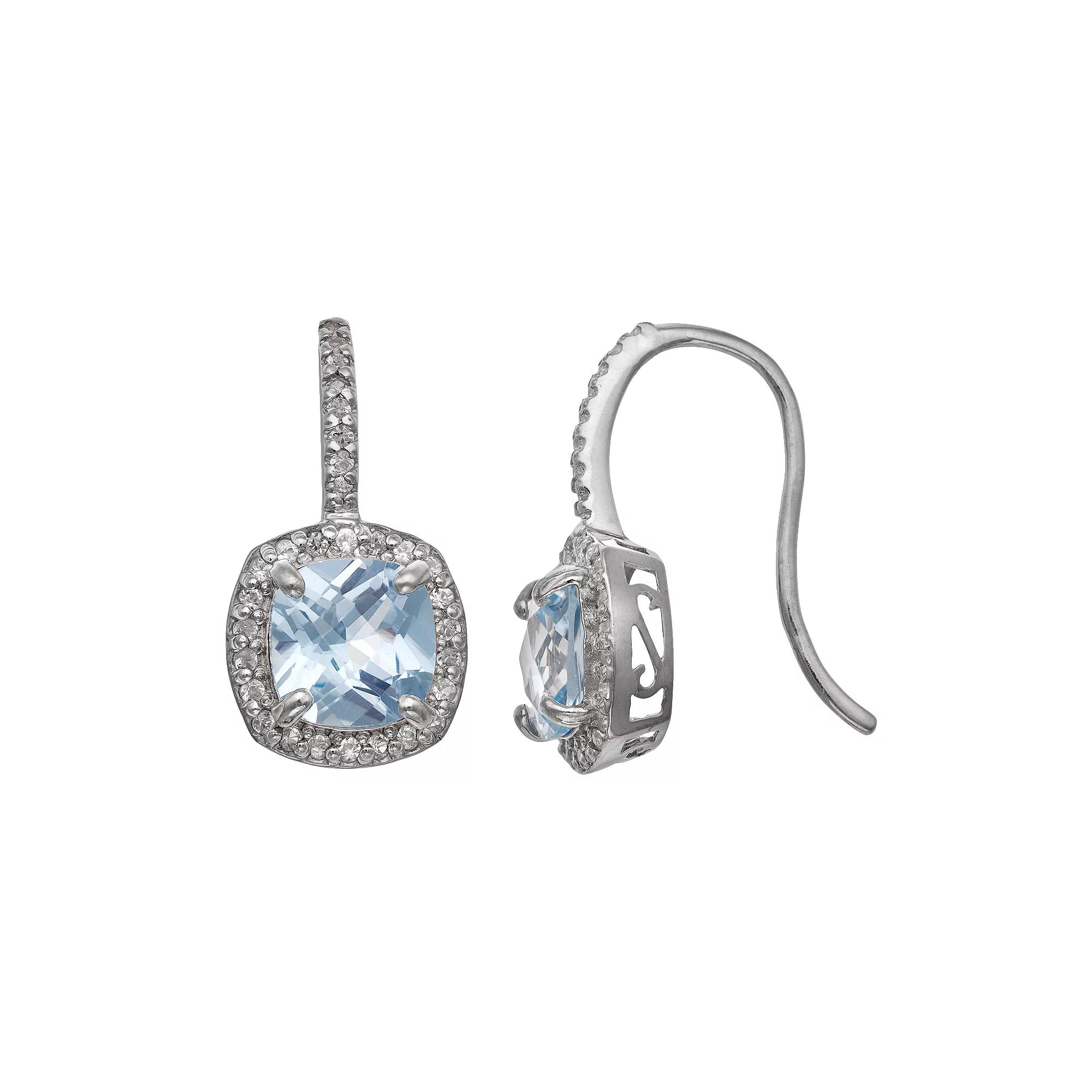 Designs by Gioelli Sterling Silver Lab-Created Aquamarine and Lab-Created White Sapphire Halo Drop Earrings, Women's, Multi Product Image