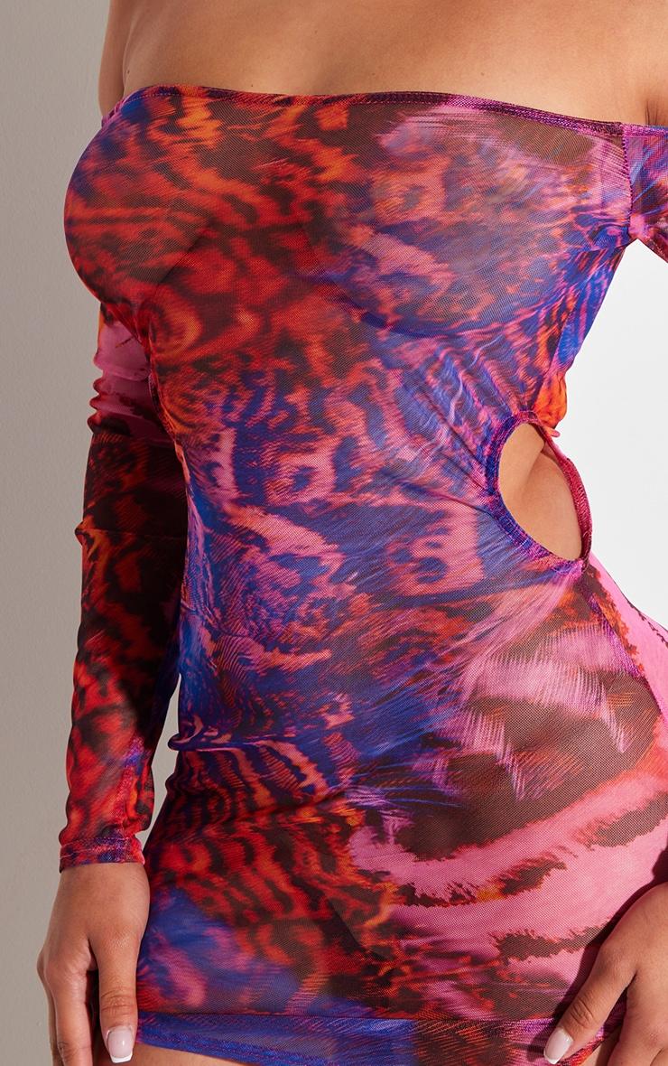 Shape Purple Printed Mesh Long Sleeve Bardot Cut Out Bodycon Dress Product Image
