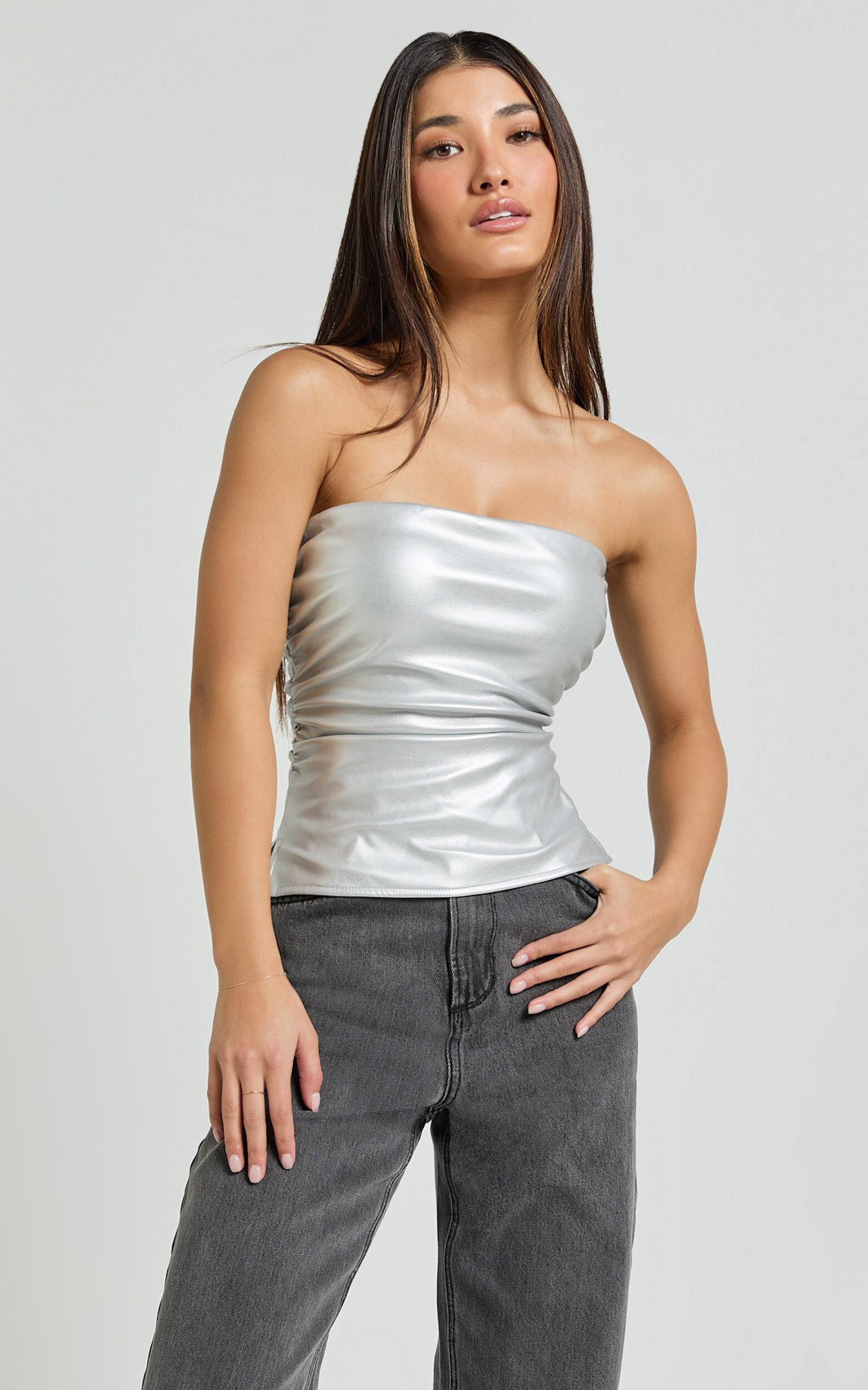 Yvonne Top - Strapless Ruched Top in Silver Product Image