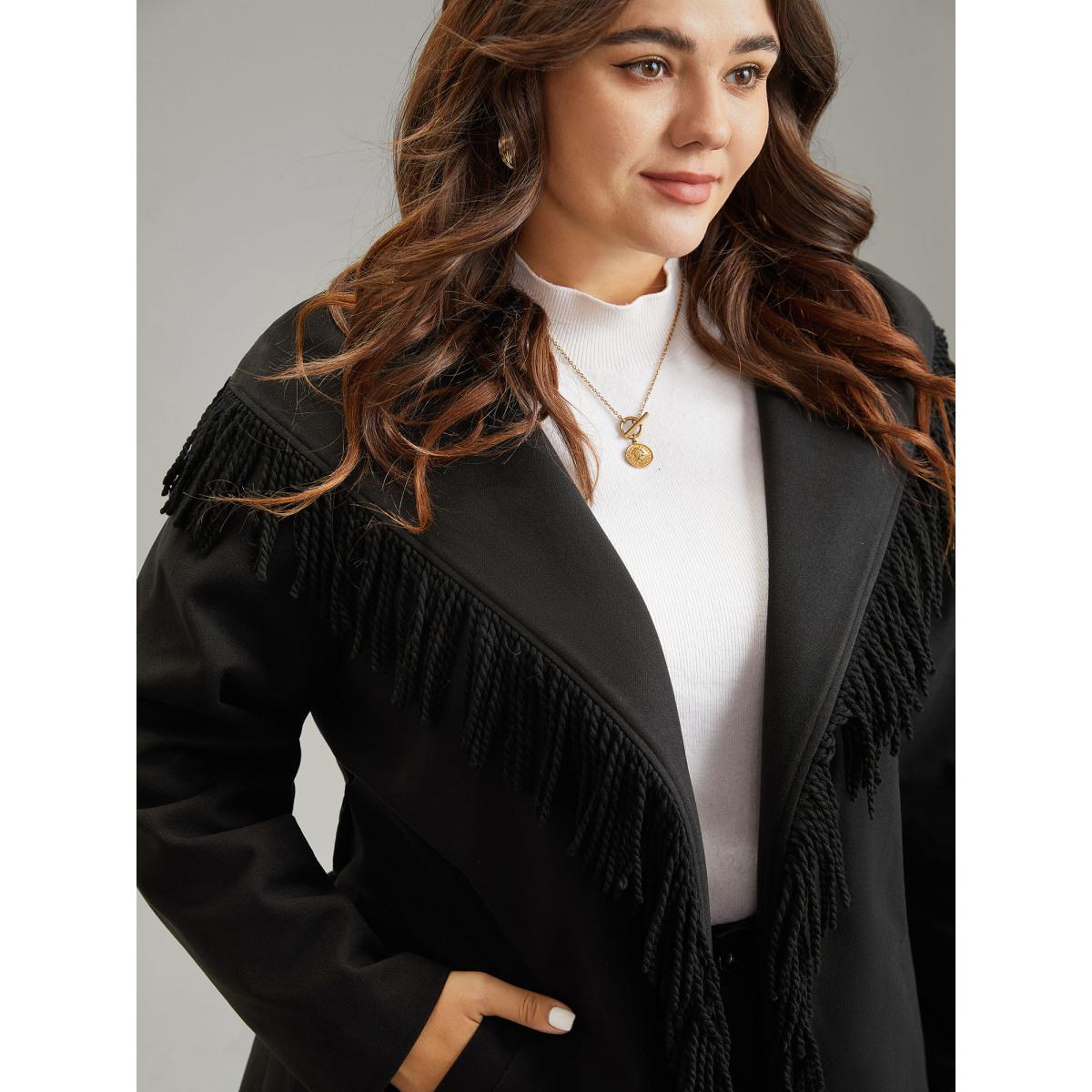 Plus Size Tassels Trim Plain Lapel Collar Belted Coat Women Black Elegant Lined Ladies Dailywear Winter Coats BloomChic 10/M Product Image