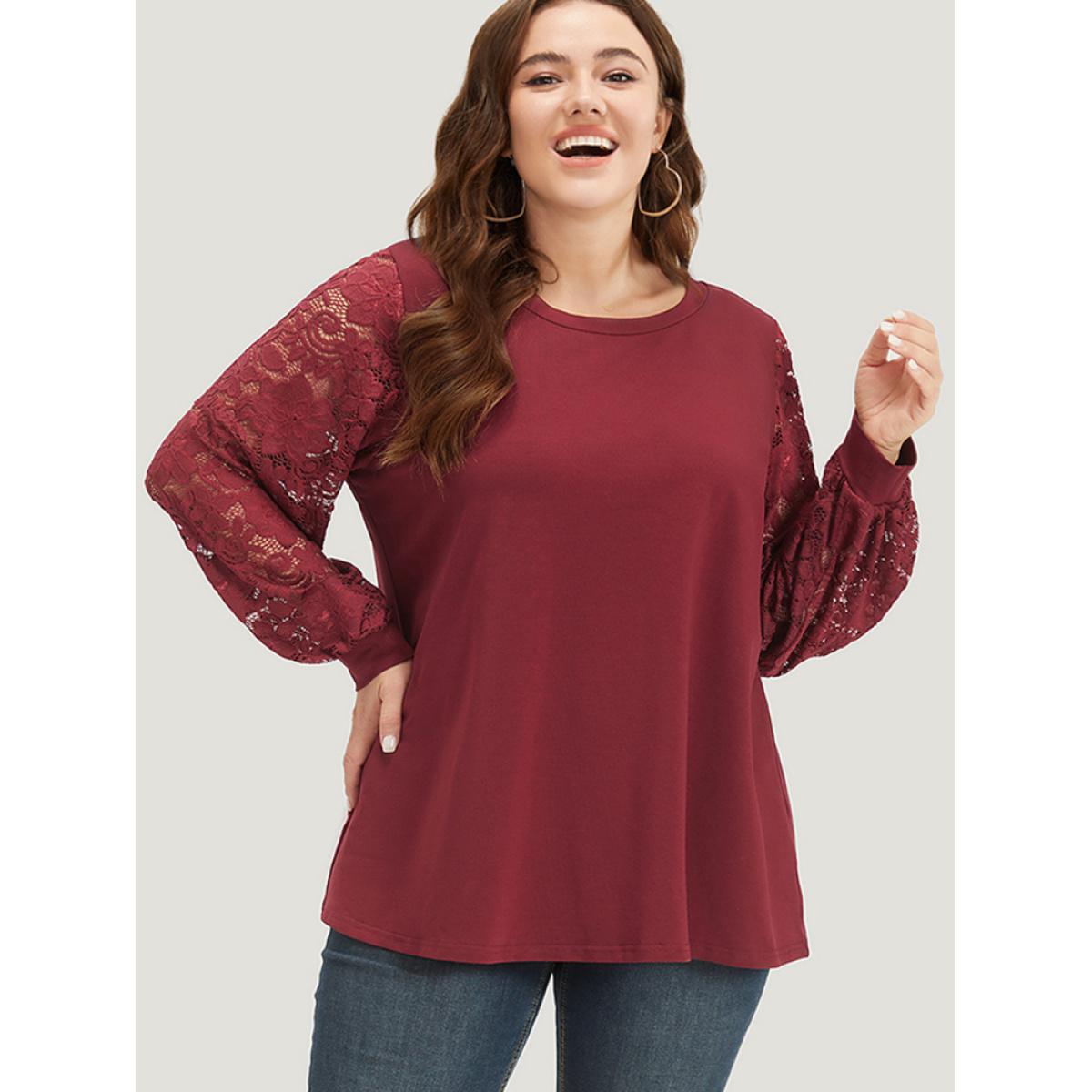 Plus Size Solid Crochet Lace Mesh Round Neck Sweatshirt Women Scarlet Elegant Elastic cuffs Round Neck Dailywear Sweatshirts BloomChic 28/5X Product Image