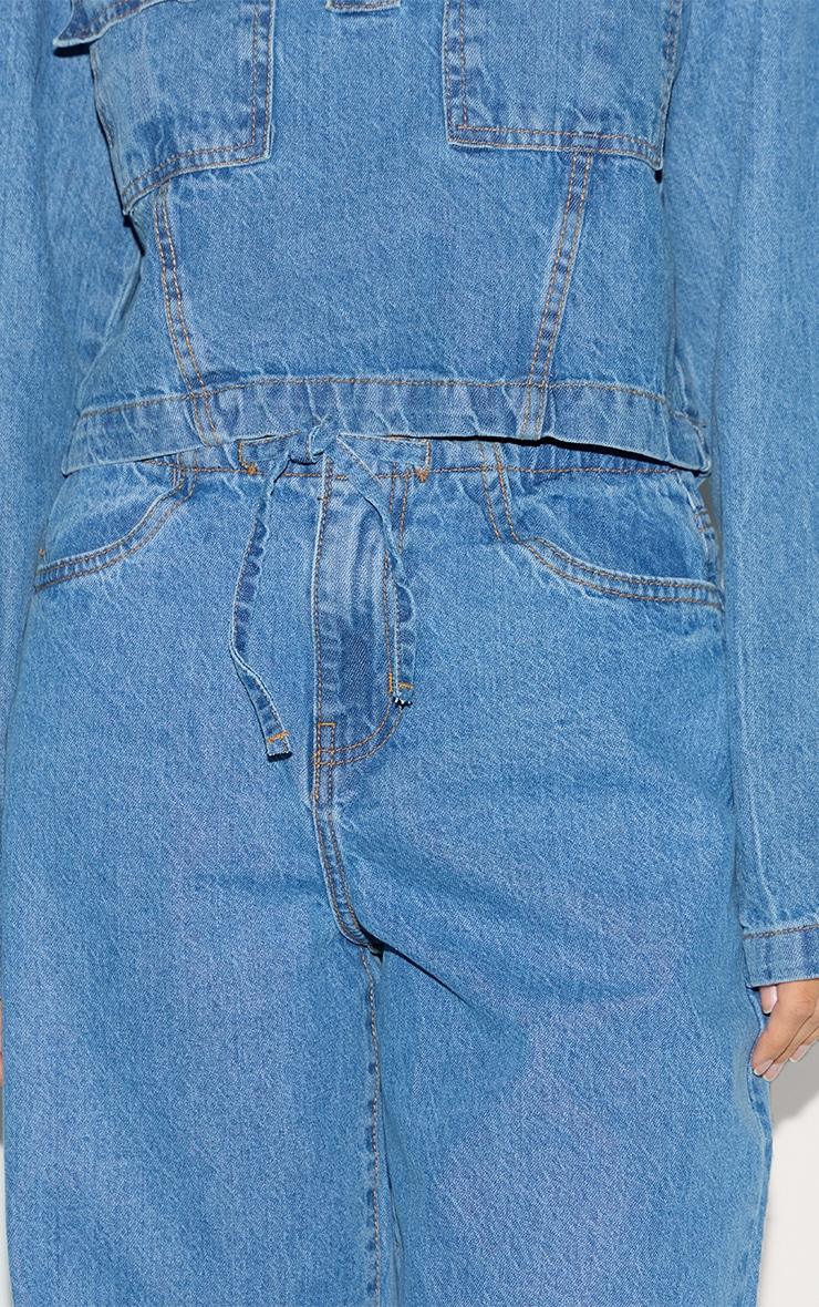 Mid Blue Wash Low Rise Tie Waistband Wide Leg Jeans Product Image