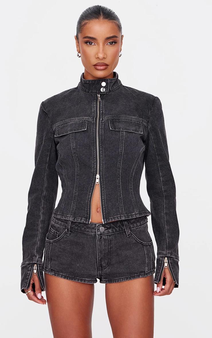 Washed Black Seam Detail Denim Hotpants Product Image