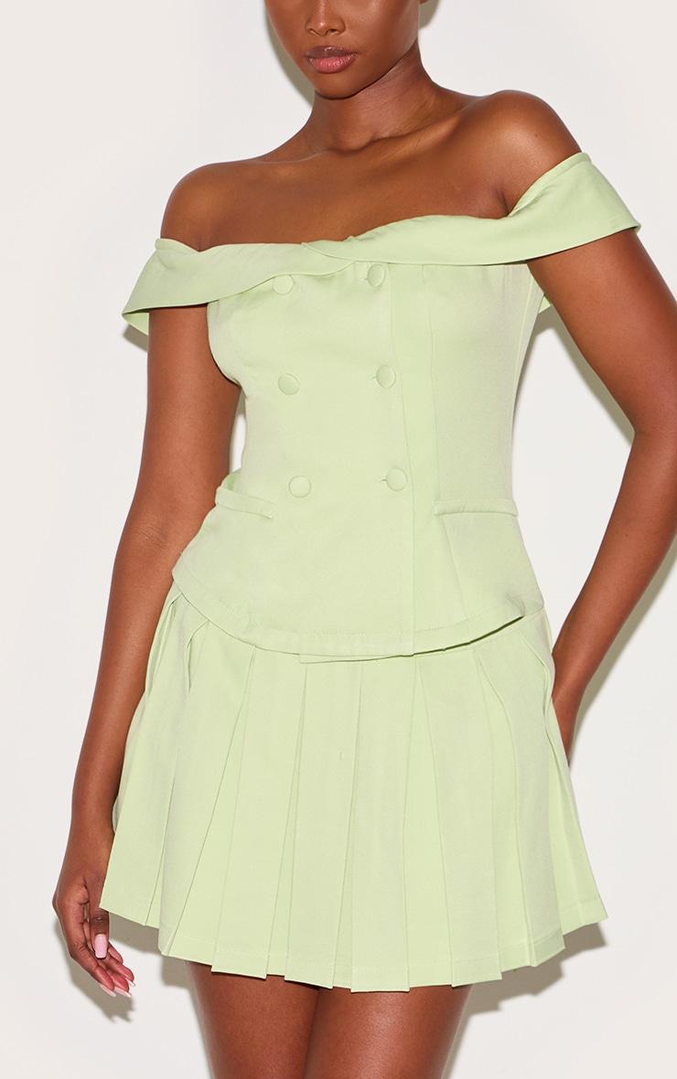 Pale Lime Tailored Button Detail Bardot Pleated Skort Romper Product Image
