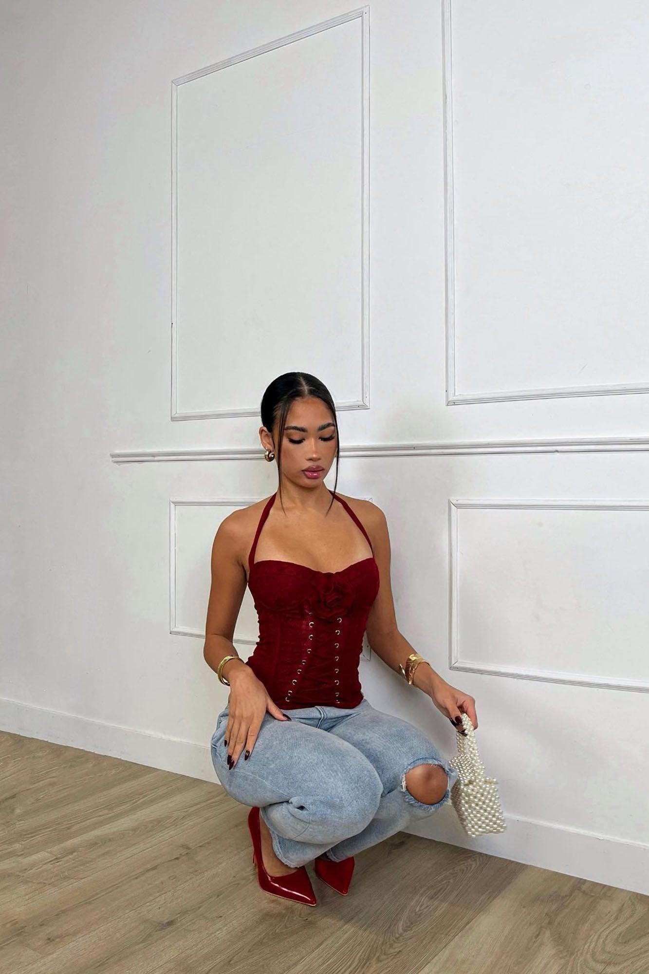 Angelina Lace Up Corset Top - Red Product Image