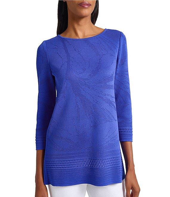 Ming Wang Burnout Floral Knit Boat Neck Bracelet Sleeve Tunic Product Image