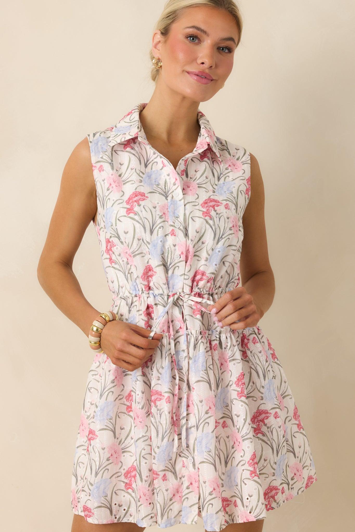 Poetry in Bloom Pink & Lavender Embroidered Eyelet Tie Waist Mini Dress Product Image