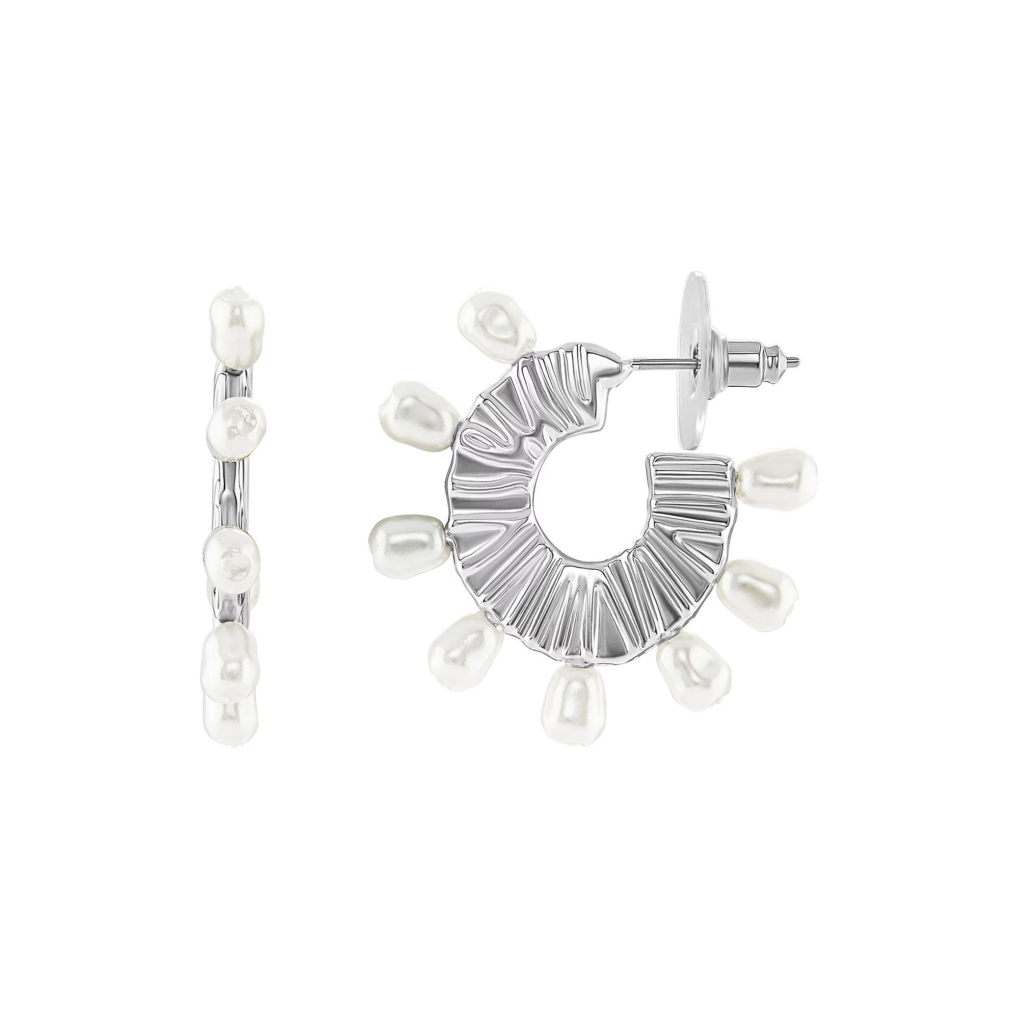 Emberly Silver Tone Simulated Pearl Textured C-Hoop Earrings, Women's, White Product Image