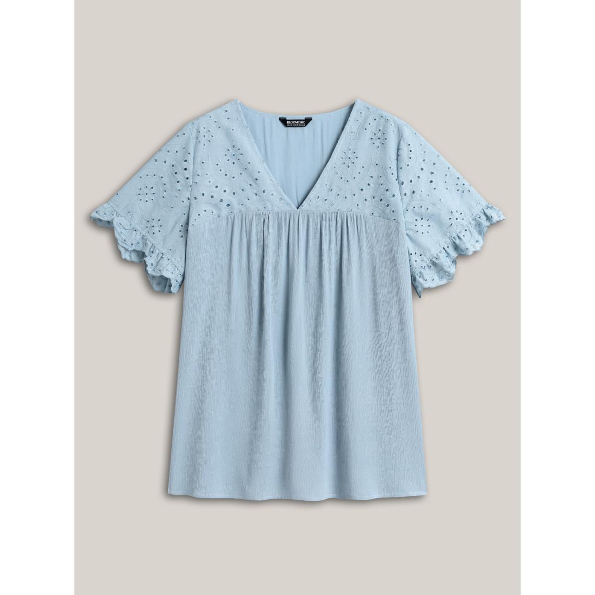 Plus Size LightBlue Rayon Eyelet Flowy Blouse Women Short sleeve V-neck Vacation Blouses BloomChic 18-20/2X Product Image