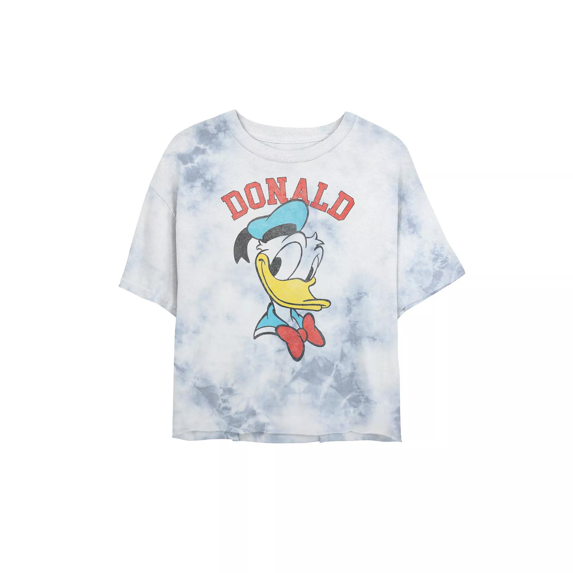 Juniors' Disney Mickey And Friends Donald Duck Happy Big Face Bombard Wash Crop Graphic Tee, Women's, Size: XL, White Blue Product Image