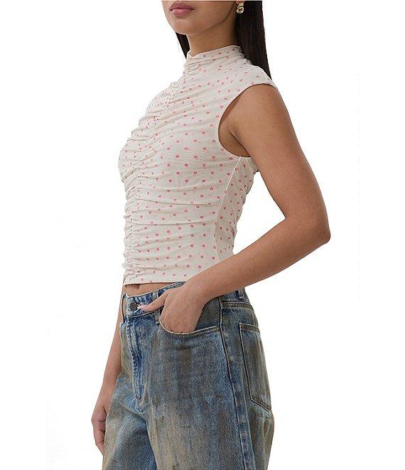 AFRM Jolie Dot Print Mesh Knit Ruched Mock Neck Short Sleeve Top Product Image