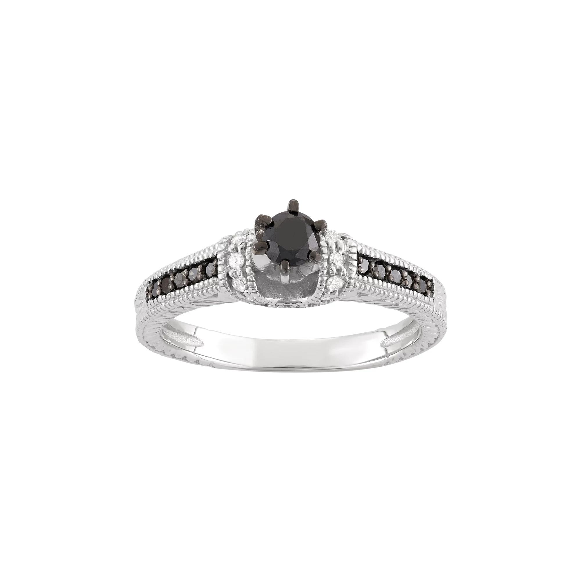 Jewelexcess 1/2 Carat T.W. Black & White Diamond Sterling Silver Miligrain Ring, Women's, Size: 6 Product Image