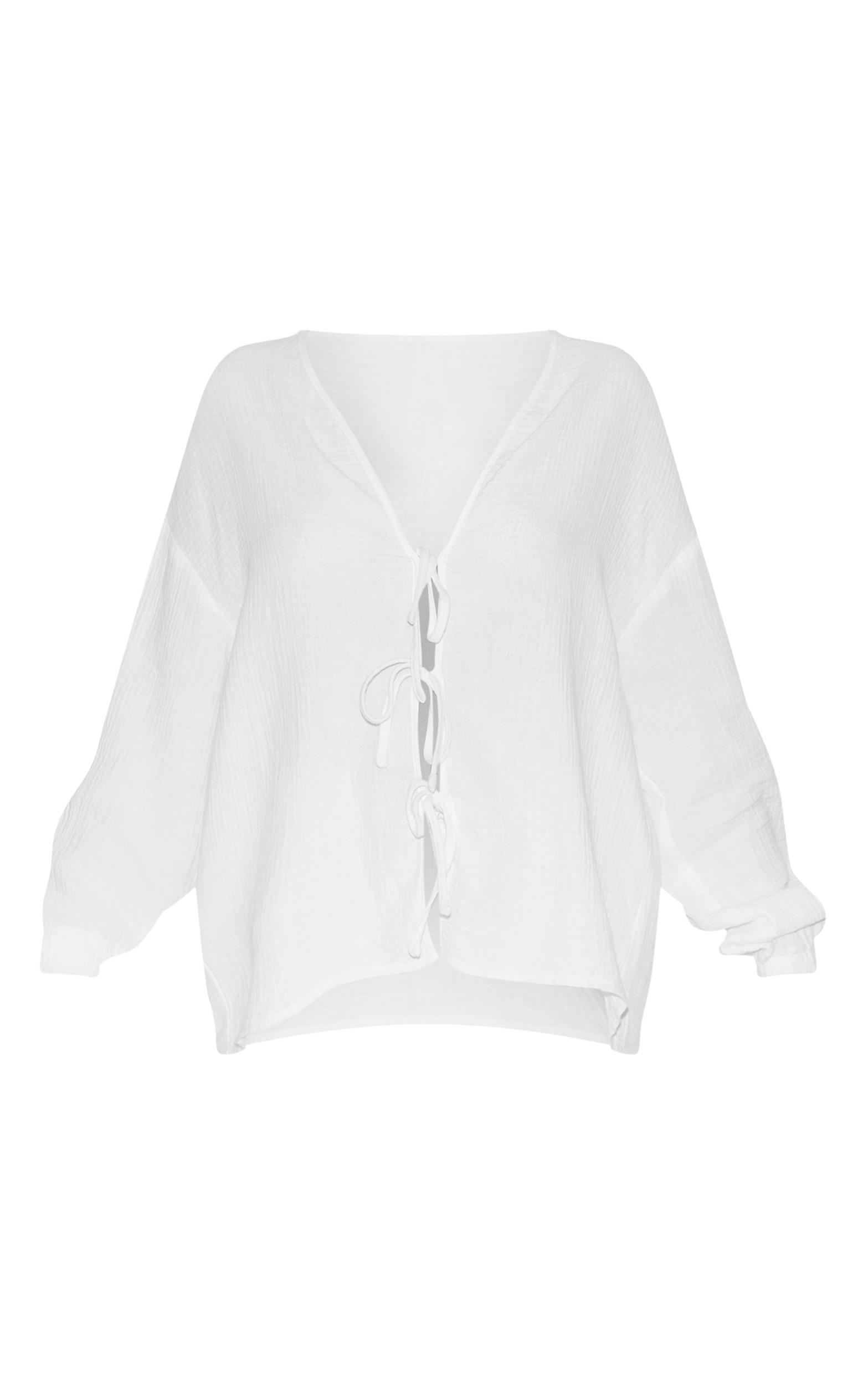 Petite White Cheesecloth Textured Tie Front Shirt Product Image