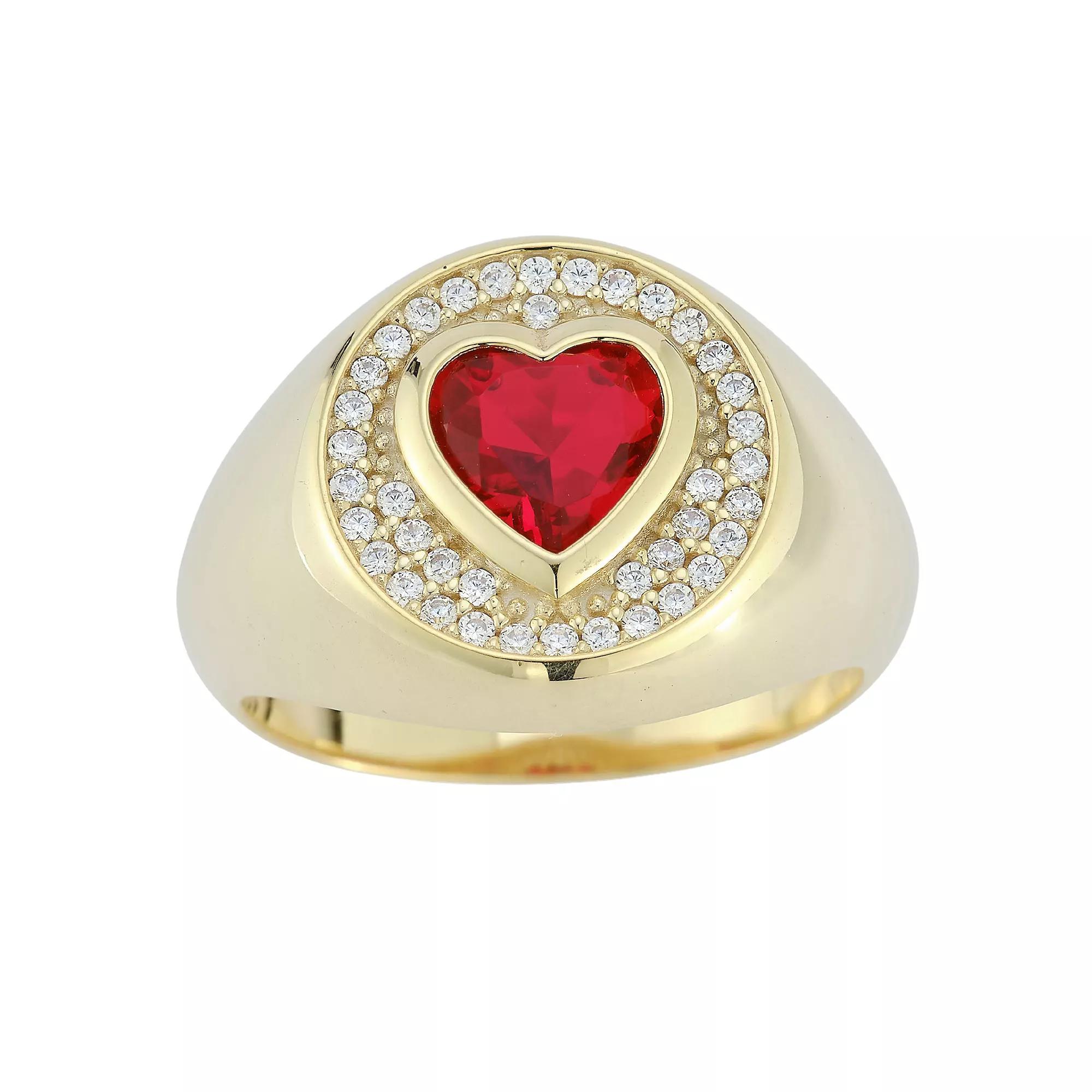 Sunkissed Sterling 14k Gold Over Silver Cubic Zirconia Heart Signet Ring, Women's, Size: 7, Red Product Image