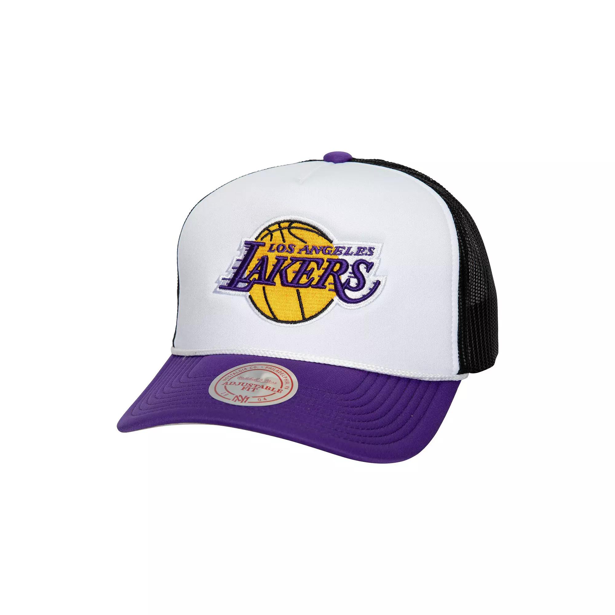 Men's Mitchell & Ness White Los Angeles Lakers Hardwood Classics Blocker Foam Front Trucker Snapback Hat Product Image