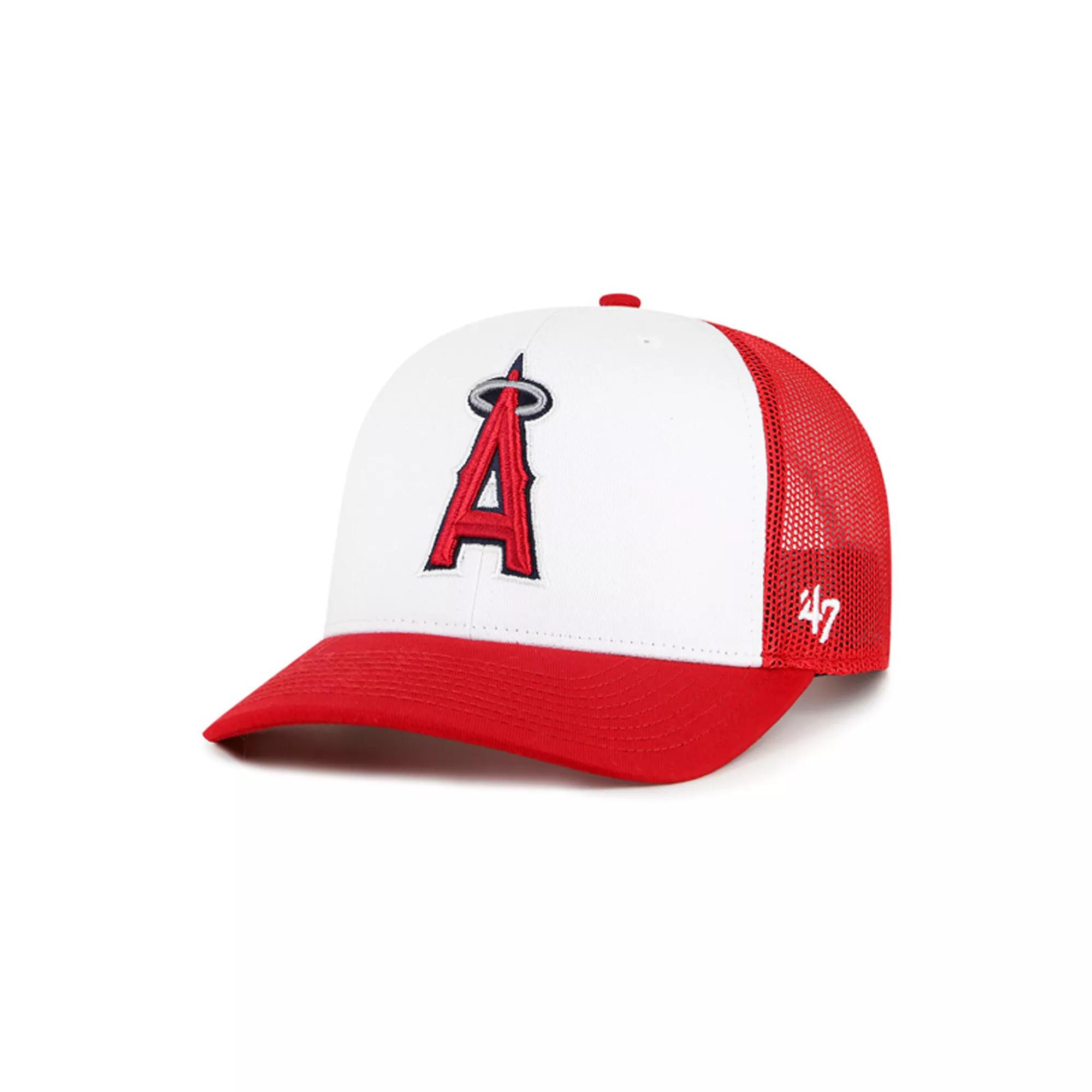 Men's '47 White/Red Los Angeles Angels Freshman Trucker Adjustable Hat Product Image