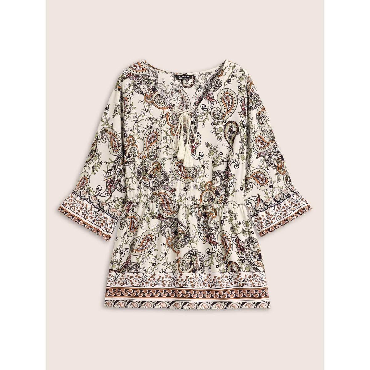 Plus Size Multicolor Boho Print Tie Knot Tassels Crisscross Blouse Women Boho Elbow-length sleeve V-neck Vacation Blouses BloomChic 30/6X Product Image