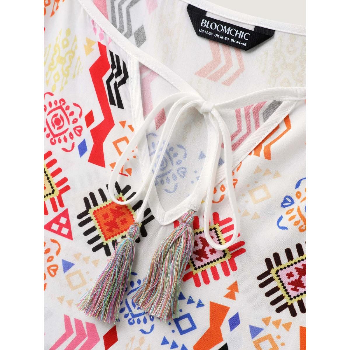 Plus Size WhiteSmoke Multicolor Boho Stripes Woven Cut-Out Blouse Women Short sleeve Flat collar with V-notch Vacation Blouses BloomChic 26/4X Product Image