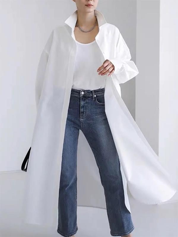 Long Sleeves Loose Buttoned Solid Color Split-Side Lapel Collar Outerwear Shirts Tops Product Image