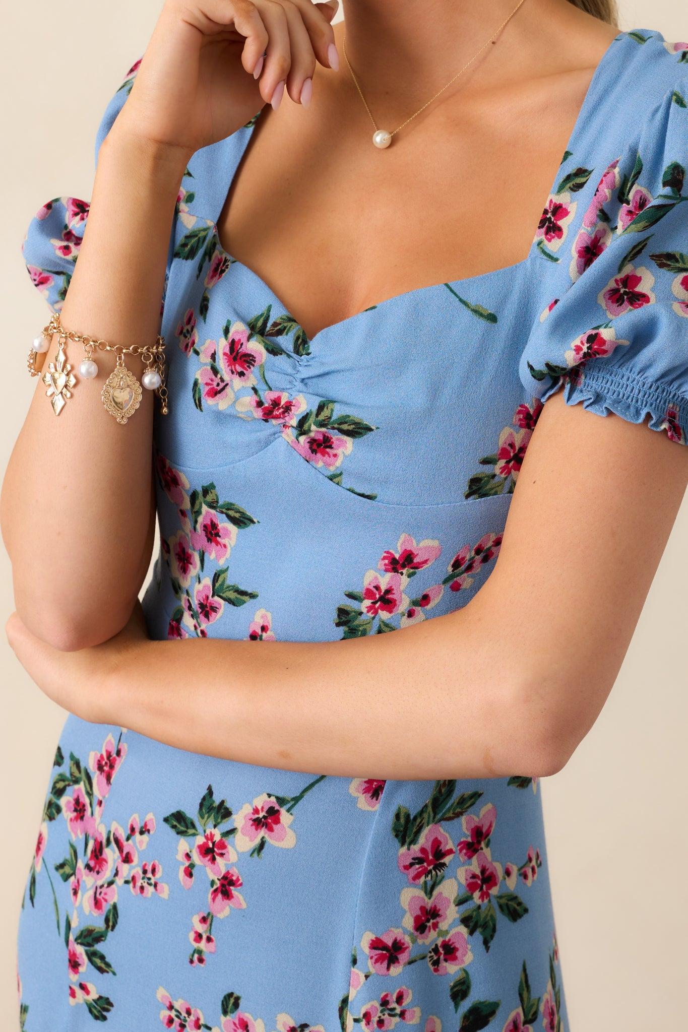 All Eyes On You Ash Blue Floral Puff Sleeve Midi Dress Product Image