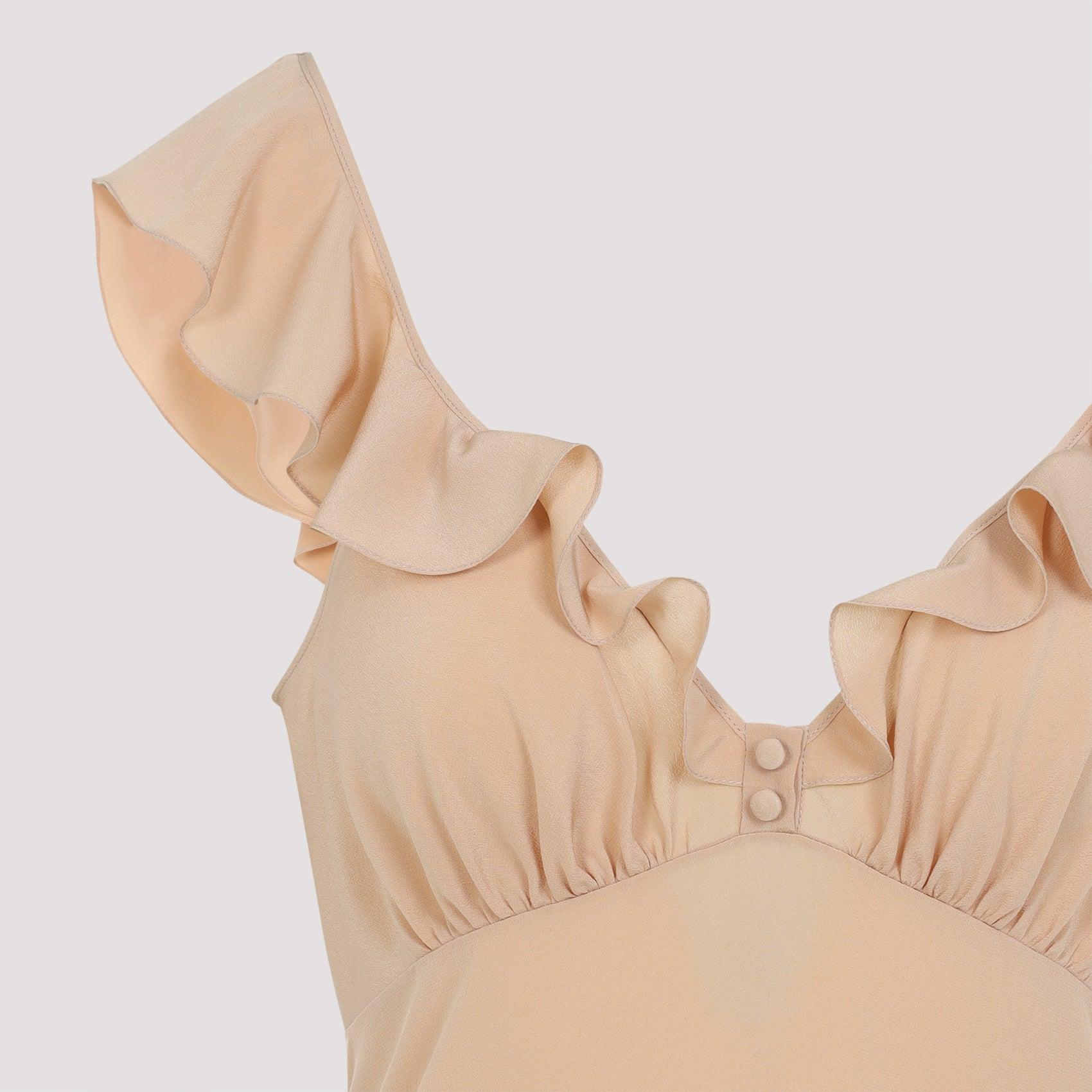 CHLOÉ Long Silk Dress With Flared Skirt And Ruffled Straps In Beige Product Image