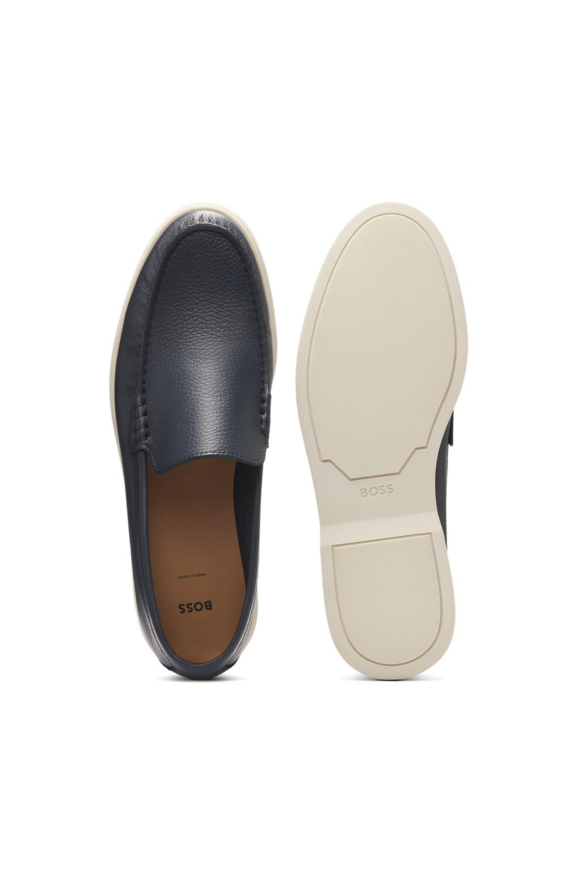 BOSS - Tumbled-leather moccasins with logo detail - Dark Blue Product Image