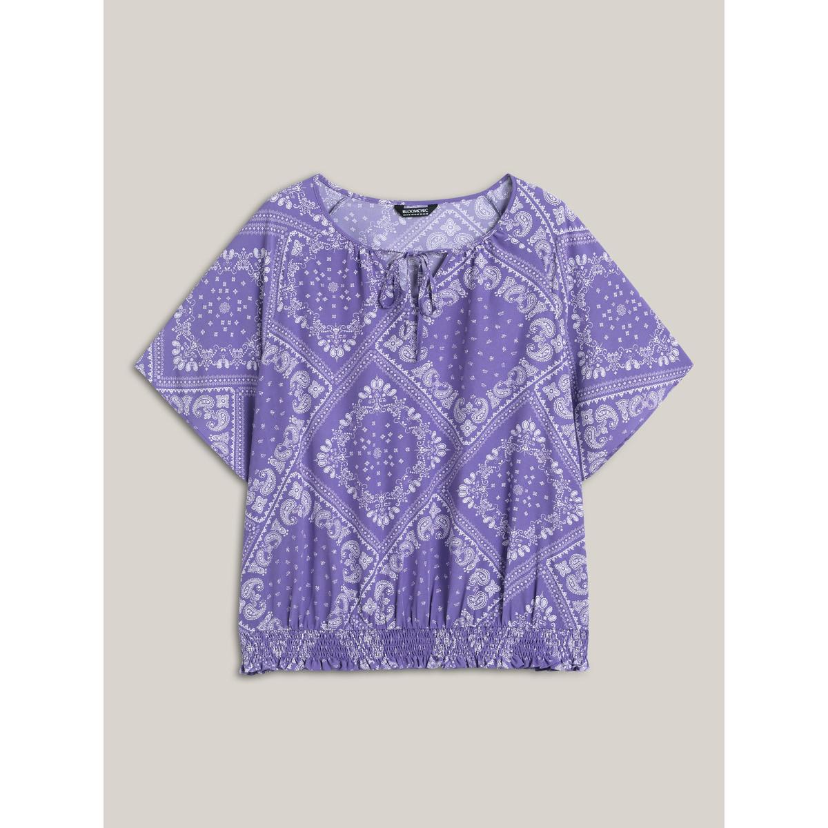 Plus Size Lavender Cube Floral Pattern Shirred Hem Blouse Women Short sleeve Round Neck Vacation Blouses BloomChic 12/L Product Image