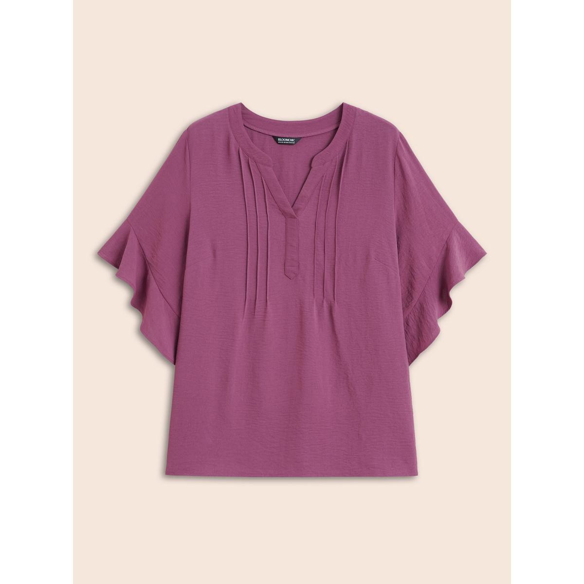 Plus Size Mauve Notched Pleated Ruffles Split Hem Blouse Women Elegant Half Sleeve Flat collar with V-notch Everyday Blouses BloomChic 26/4X Product Image