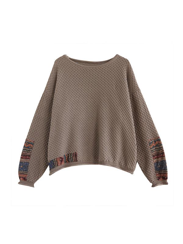 Long Sleeves Loose Printed Split-Joint Round-Neck Pullovers Sweater Tops Product Image