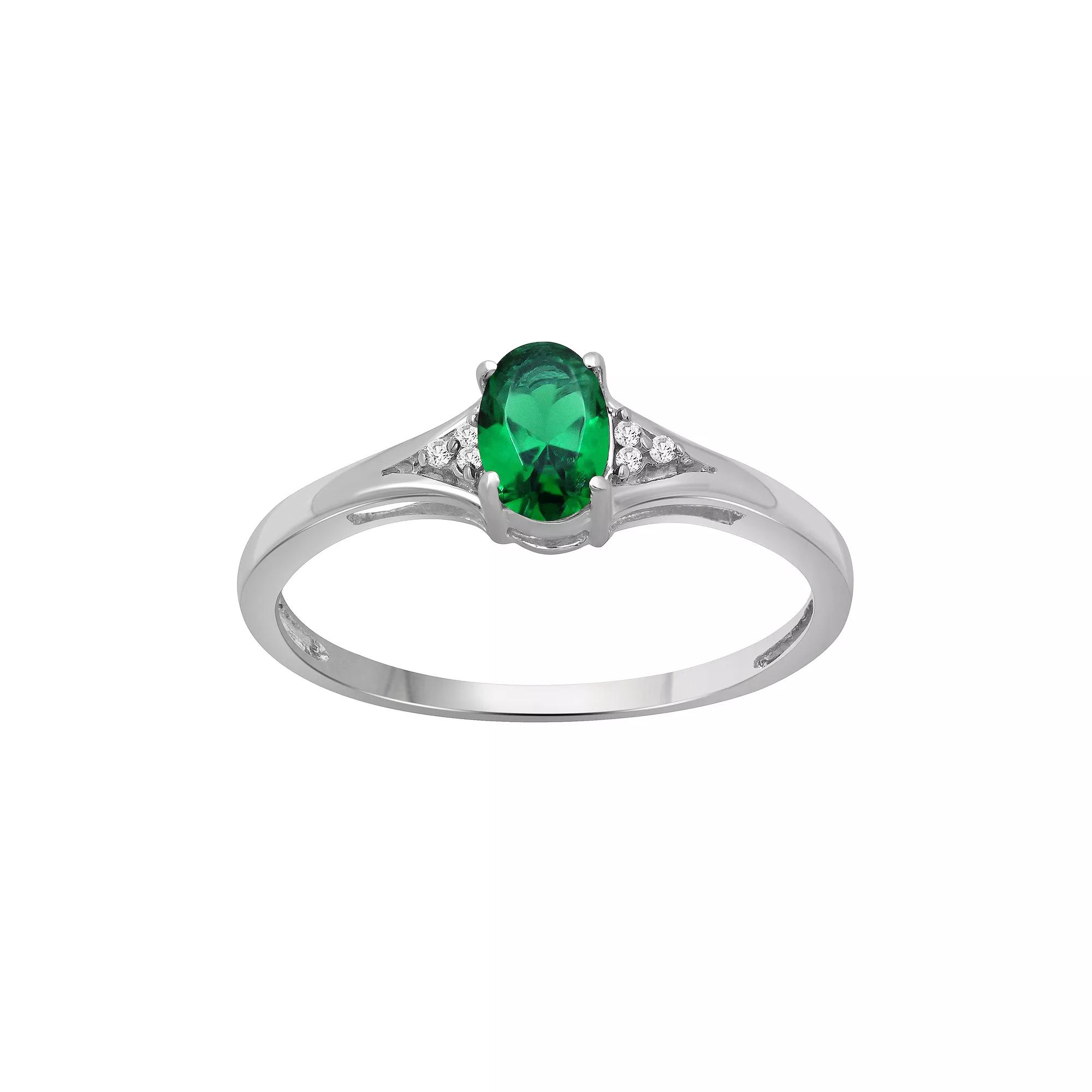 Jewelexcess Sterling Silver Oval Lab-Created Emerald & Diamond Accent Ring, Women's, Size: 8 Product Image