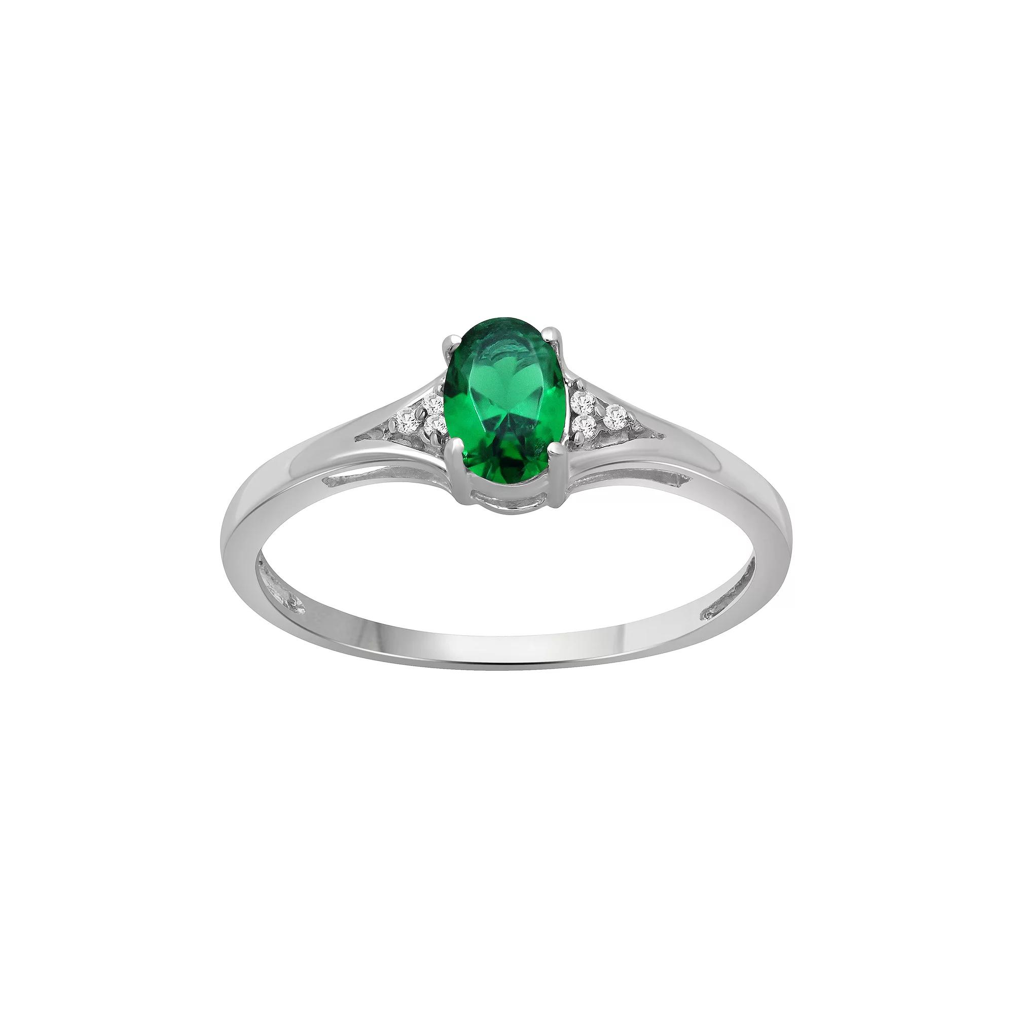 Jewelexcess Sterling Silver Oval Lab-Created Emerald & Diamond Accent Ring, Women's, Size: 8 Product Image