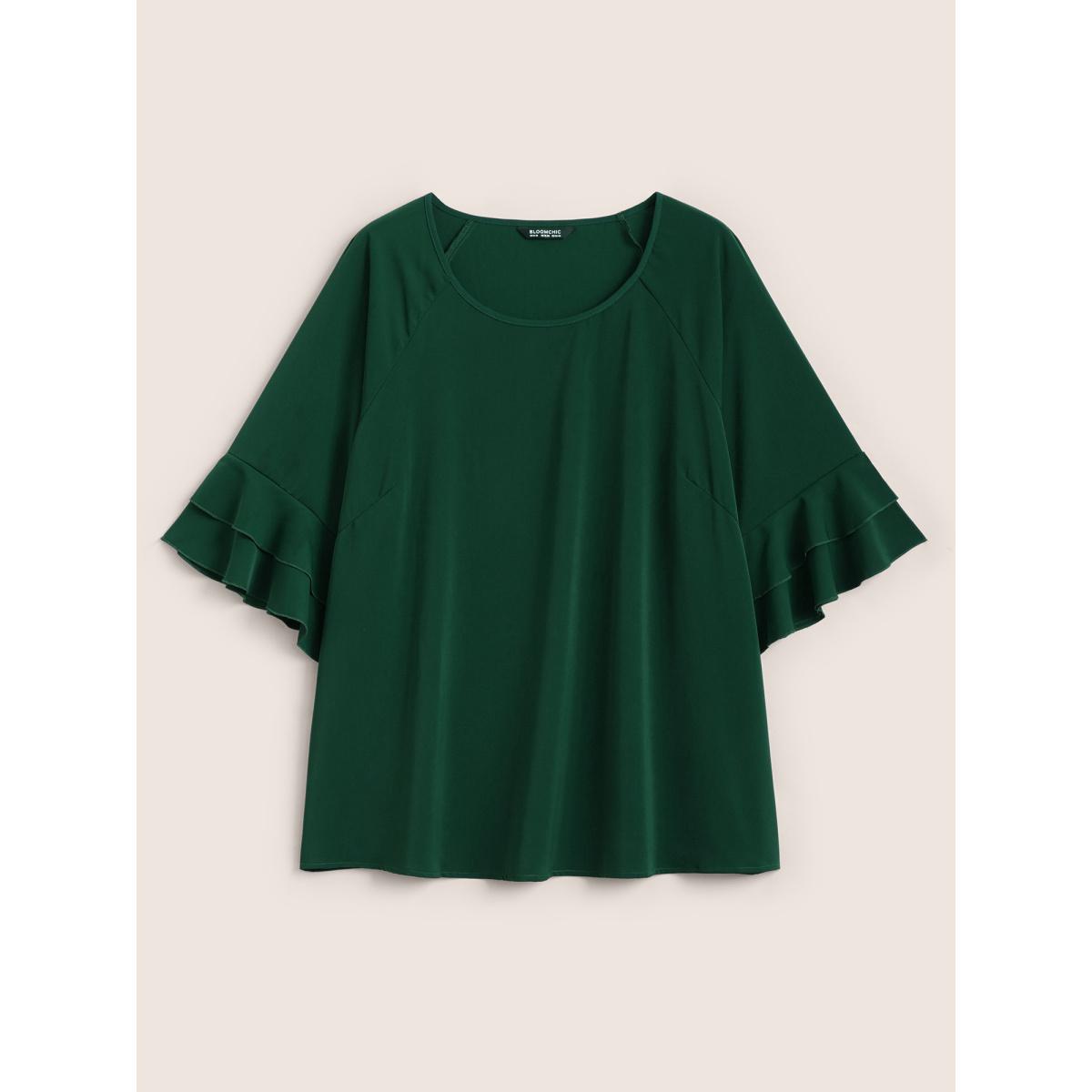Plus Size DarkGreen Plain Ruffle Tiered Round Neck Blouse Women Work From Home Elbow-length sleeve Round Neck Work Blouses BloomChic 14-16/1X Product Image