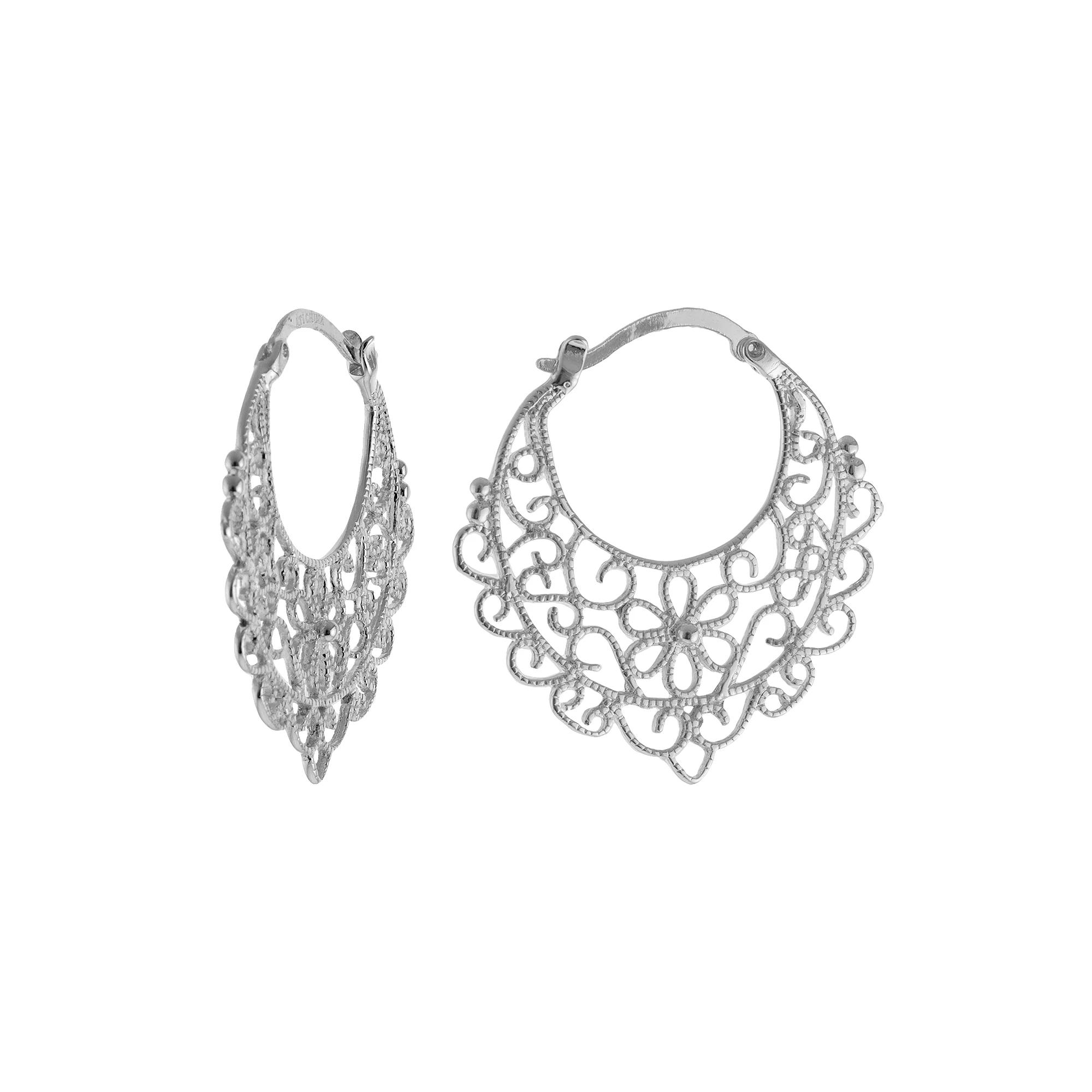Silver Plated Flower Filigree Hoop Earrings, Women's Product Image