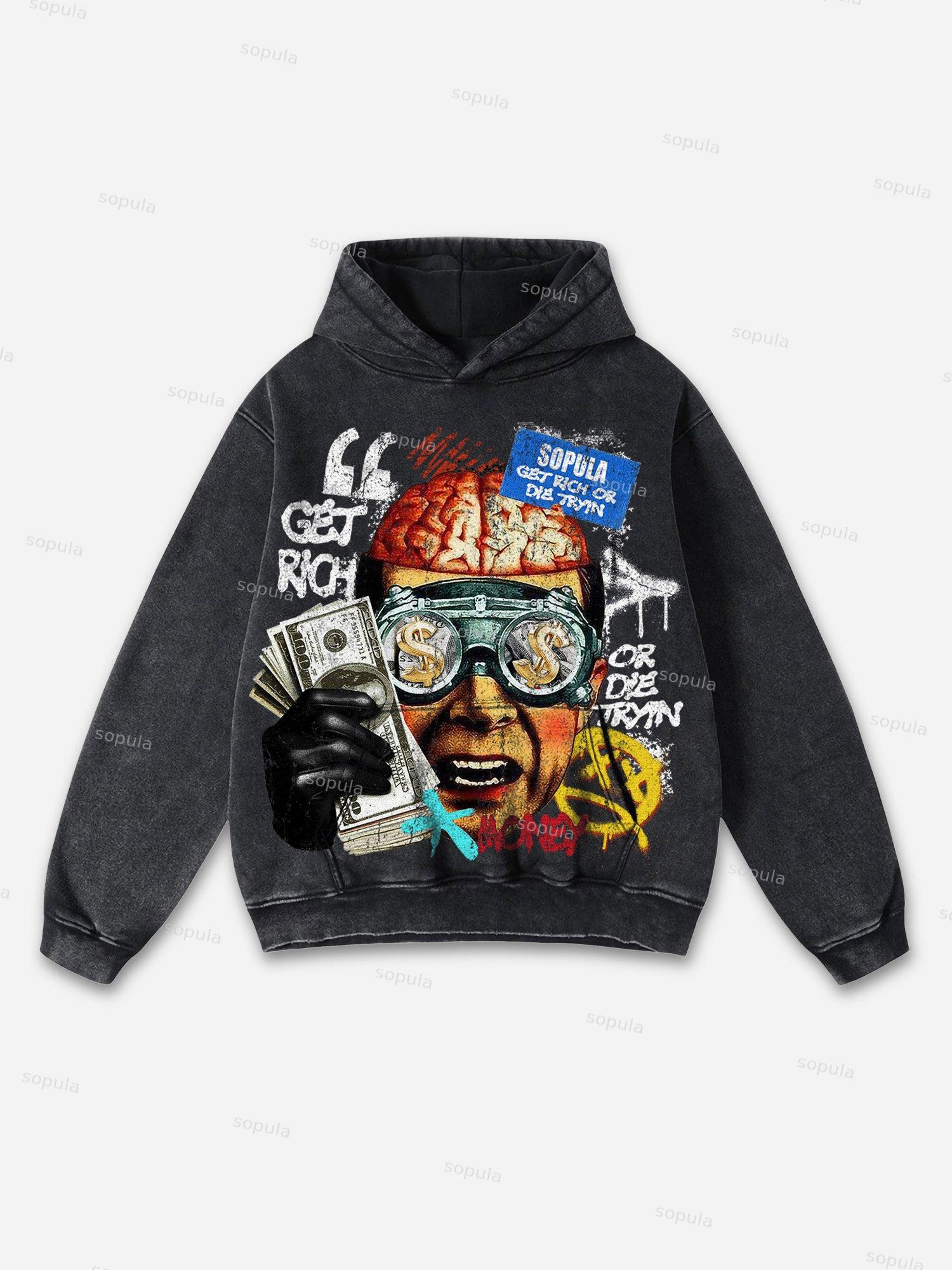 Men's Get Rich Money or Die Tryin Grpahic Washed Hoodie Product Image