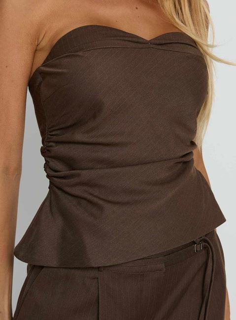 Keighly Strapless Draped Top Brown Pinstripe Product Image