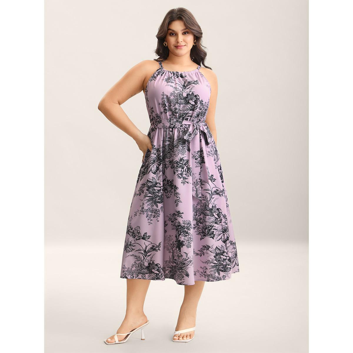 Plus Size Spring Time Florals Sleeveless Midi Dress DustyPink Women Romantic Gathered Halter neck Sleeveless Curvy BloomChic 30/6X Product Image