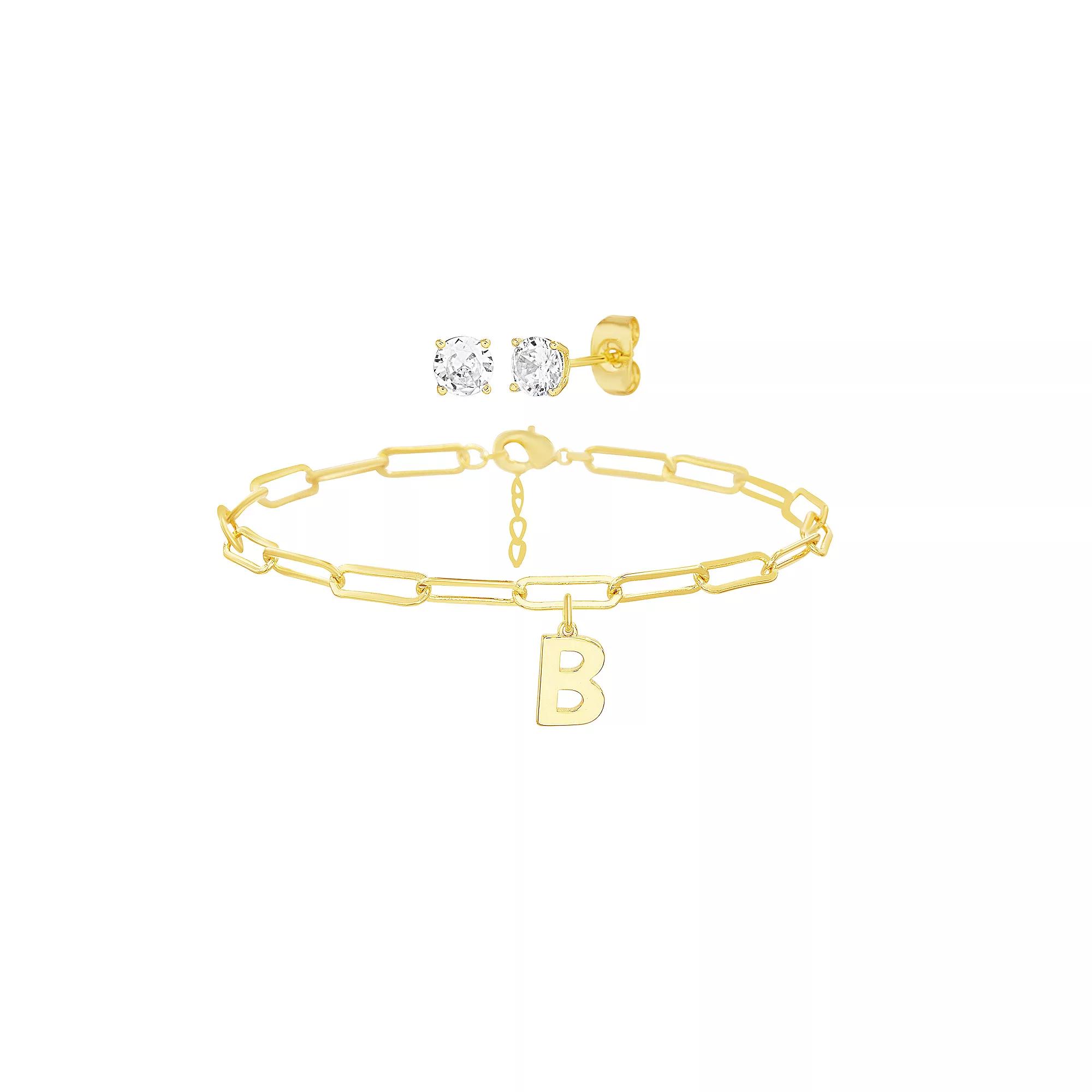 Paige Harper 14k Gold Plated Initial Charm Bracelet & Cubic Zirconia Stud Earring Set, Women's, Size: 7.5-8.5"AD, Gold Tone B Product Image