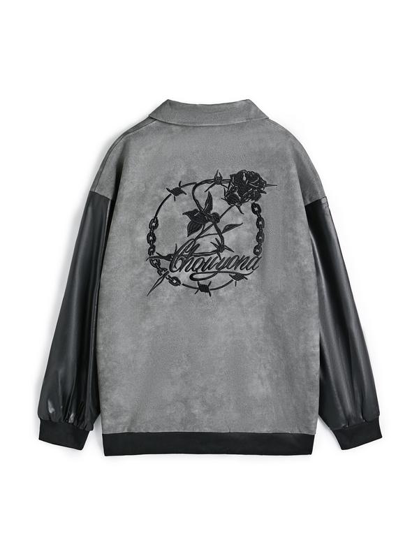 Men's Tie Dye Embroidery Leather Splice Jacket Product Image
