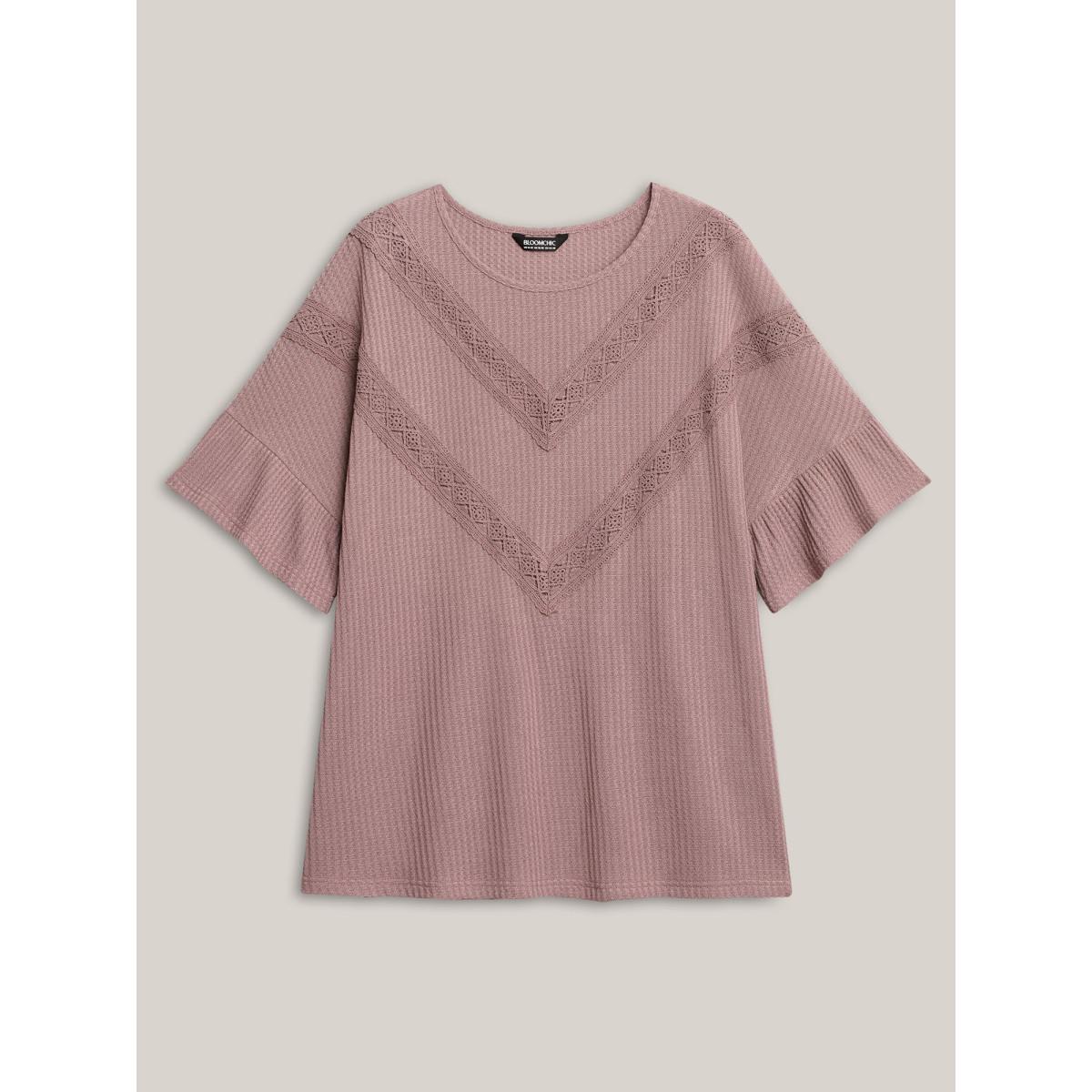 Plus Size Textured Lace Ruffled Sleeve T-Shirt Rouge Women Leisure Woven ribbon&lace trim Round Neck Casual T-shirts BloomChic 14-16/1X Product Image